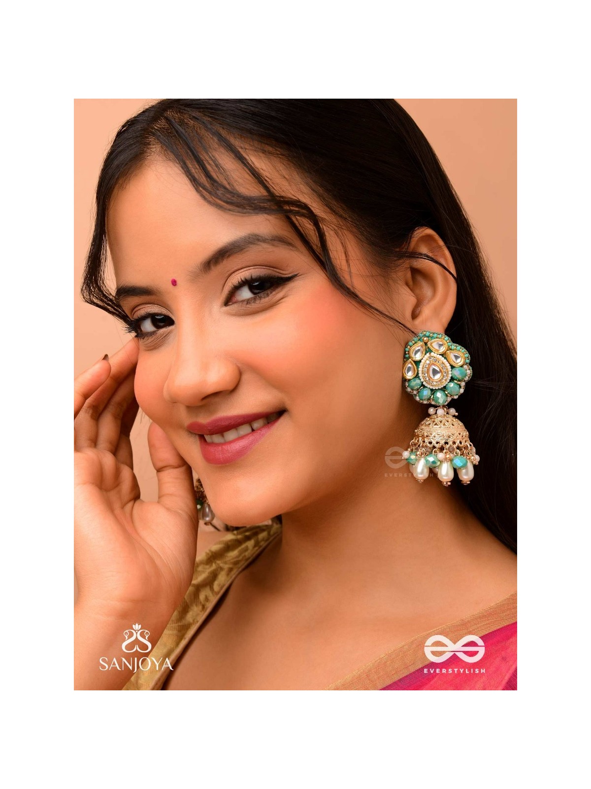 Sphārikā- Crystal Radiance-Jhumka earrings adorned with diamond shaped stones,beads and pearls of golden, white and turquoise accents