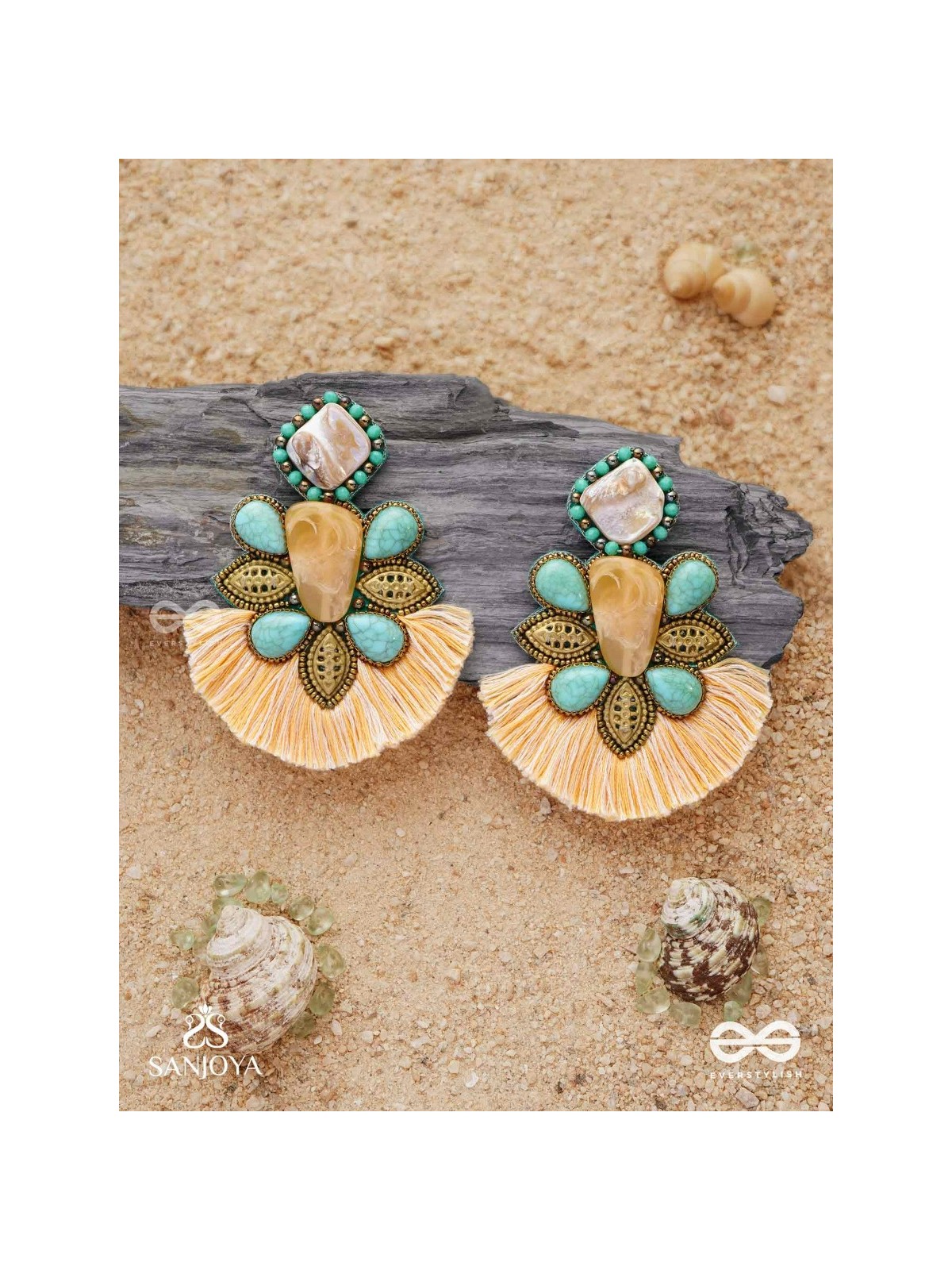Kāñcīśikha-Tassel Glow Earrings-Blend of gemstones,beads and bohemian macramé fringes for a free-spirited look.