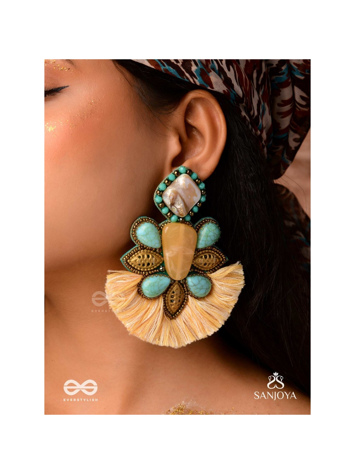 Kāñcīśikha-Tassel Glow Earrings-Blend of gemstones,beads and bohemian macramé fringes for a free-spirited look.