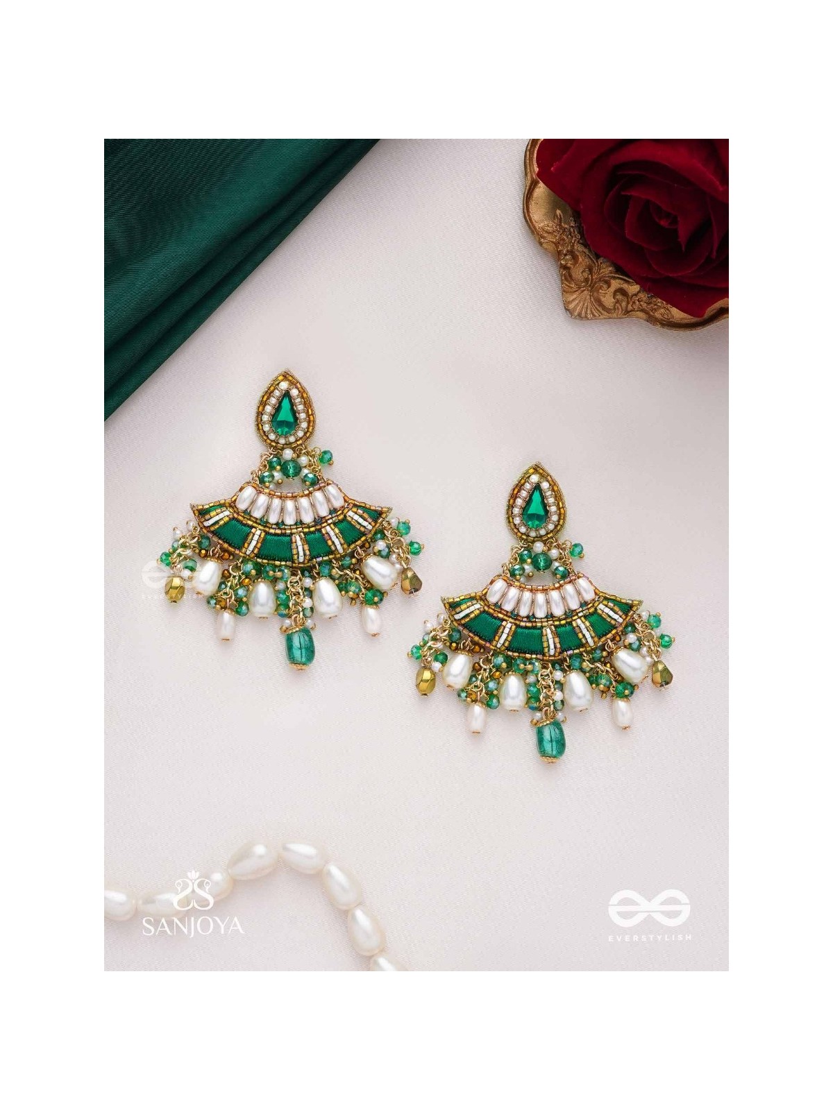 CHANDRAVATA- CRESCENT BRANCH EARRINGS- EMBROIDERED EARRINGS WITH STONES, BEADS, PEARLS AND RESHAM WORK