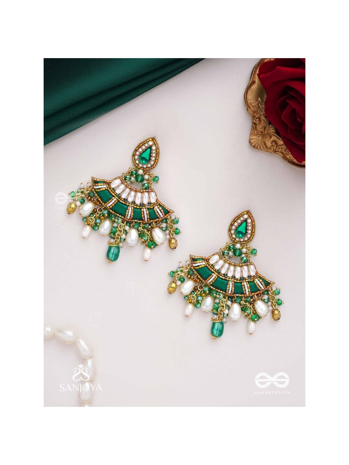 CHANDRAVATA- CRESCENT BRANCH EARRINGS- EMBROIDERED EARRINGS WITH STONES, BEADS, PEARLS AND RESHAM WORK