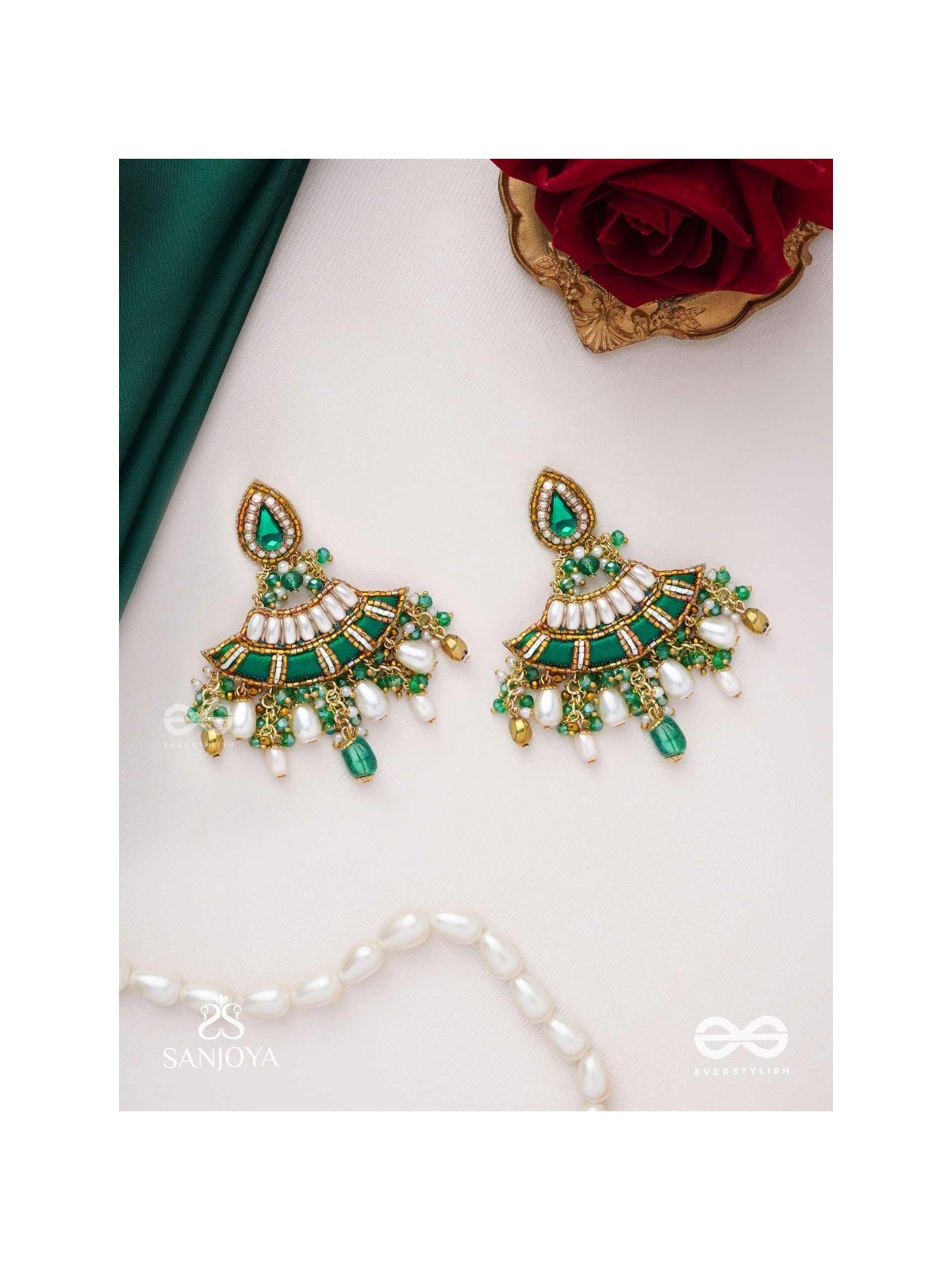 CHANDRAVATA- CRESCENT BRANCH EARRINGS- EMBROIDERED EARRINGS WITH STONES, BEADS, PEARLS AND RESHAM WORK