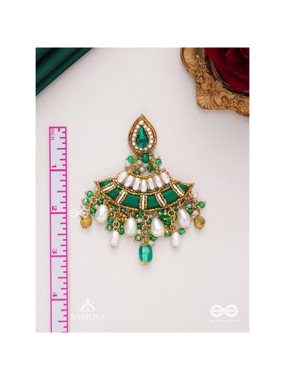 CHANDRAVATA- CRESCENT BRANCH EARRINGS- EMBROIDERED EARRINGS WITH STONES, BEADS, PEARLS AND RESHAM WORK