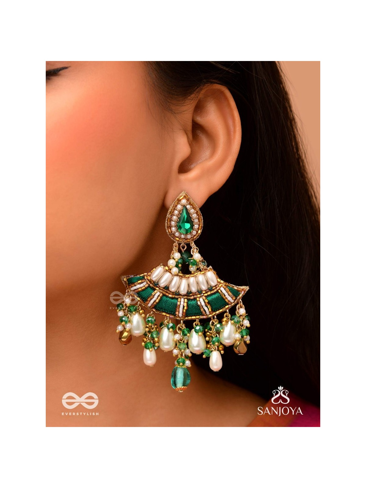 CHANDRAVATA- CRESCENT BRANCH EARRINGS- EMBROIDERED EARRINGS WITH STONES, BEADS, PEARLS AND RESHAM WORK