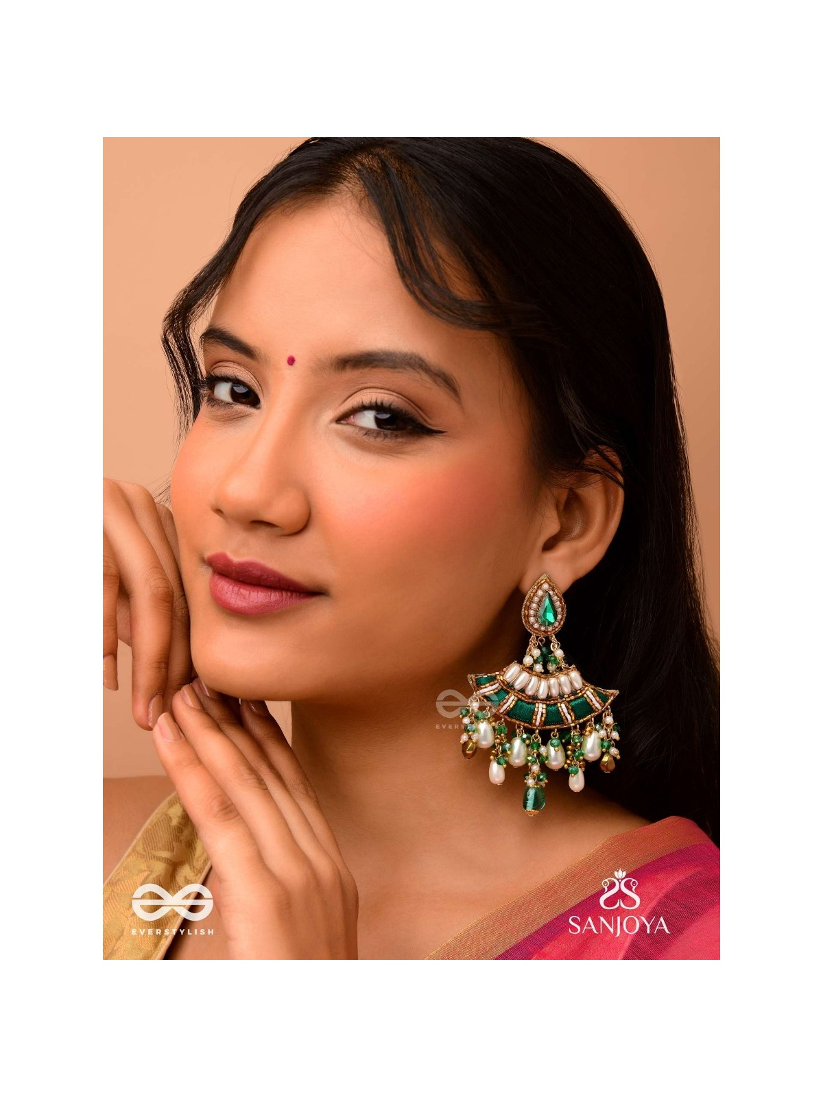 CHANDRAVATA- CRESCENT BRANCH EARRINGS- EMBROIDERED EARRINGS WITH STONES, BEADS, PEARLS AND RESHAM WORK