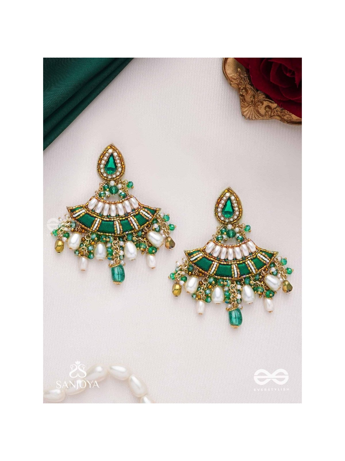 CHANDRAVATA- CRESCENT BRANCH EARRINGS- EMBROIDERED EARRINGS WITH STONES, BEADS, PEARLS AND RESHAM WORK
