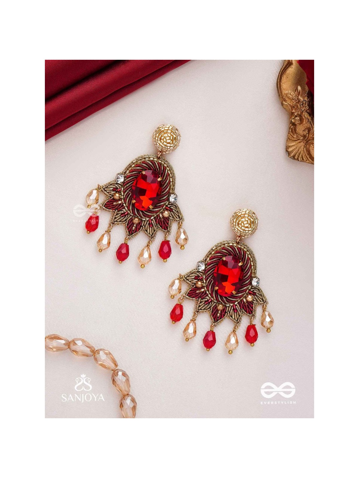 RAKTAVARNA-RED HUE HAND-EMBROIDERED EARRINGS IN RED AND GOLD TONES, FEATURING STONES, GLASS BEADS, AND INTRICATE RESHAM THREAD WORK