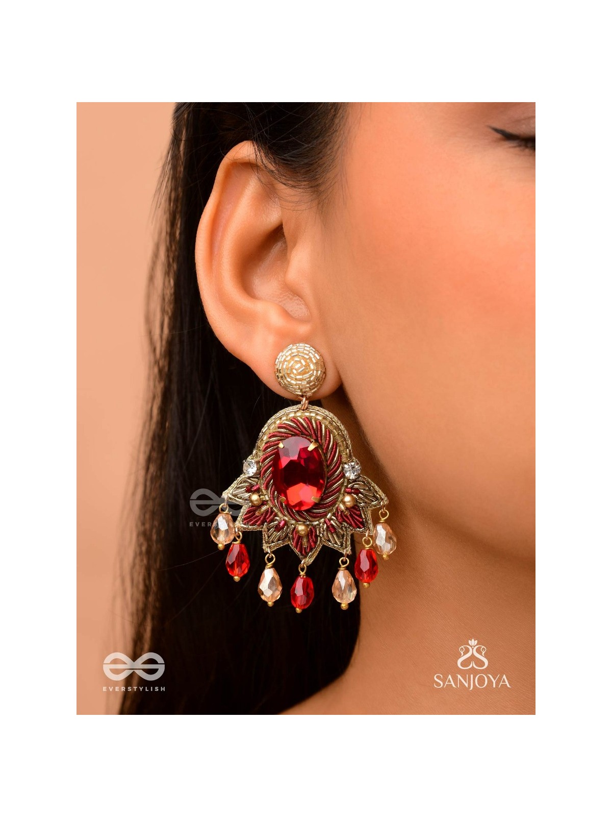 RAKTAVARNA-RED HUE HAND-EMBROIDERED EARRINGS IN RED AND GOLD TONES, FEATURING STONES, GLASS BEADS, AND INTRICATE RESHAM THREAD WORK