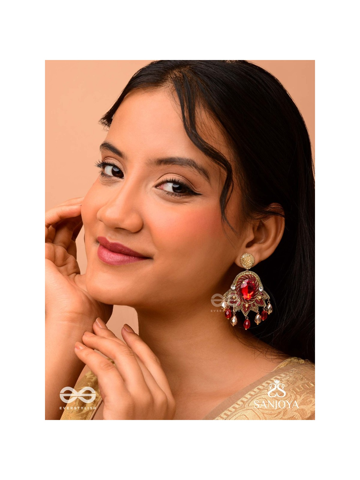 RAKTAVARNA-RED HUE HAND-EMBROIDERED EARRINGS IN RED AND GOLD TONES, FEATURING STONES, GLASS BEADS, AND INTRICATE RESHAM THREAD WORK