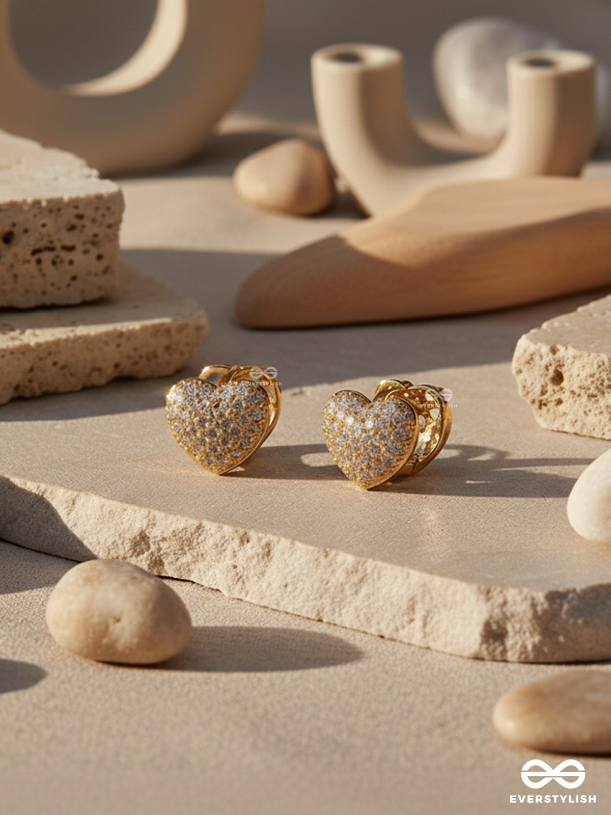 LUSTROUS LOVE - 18K GOLD PLATED ANTI-TARNISH STATEMENT HEART STUD EARRINGS INLAID WITH CUBIC ZICRONIA STONES