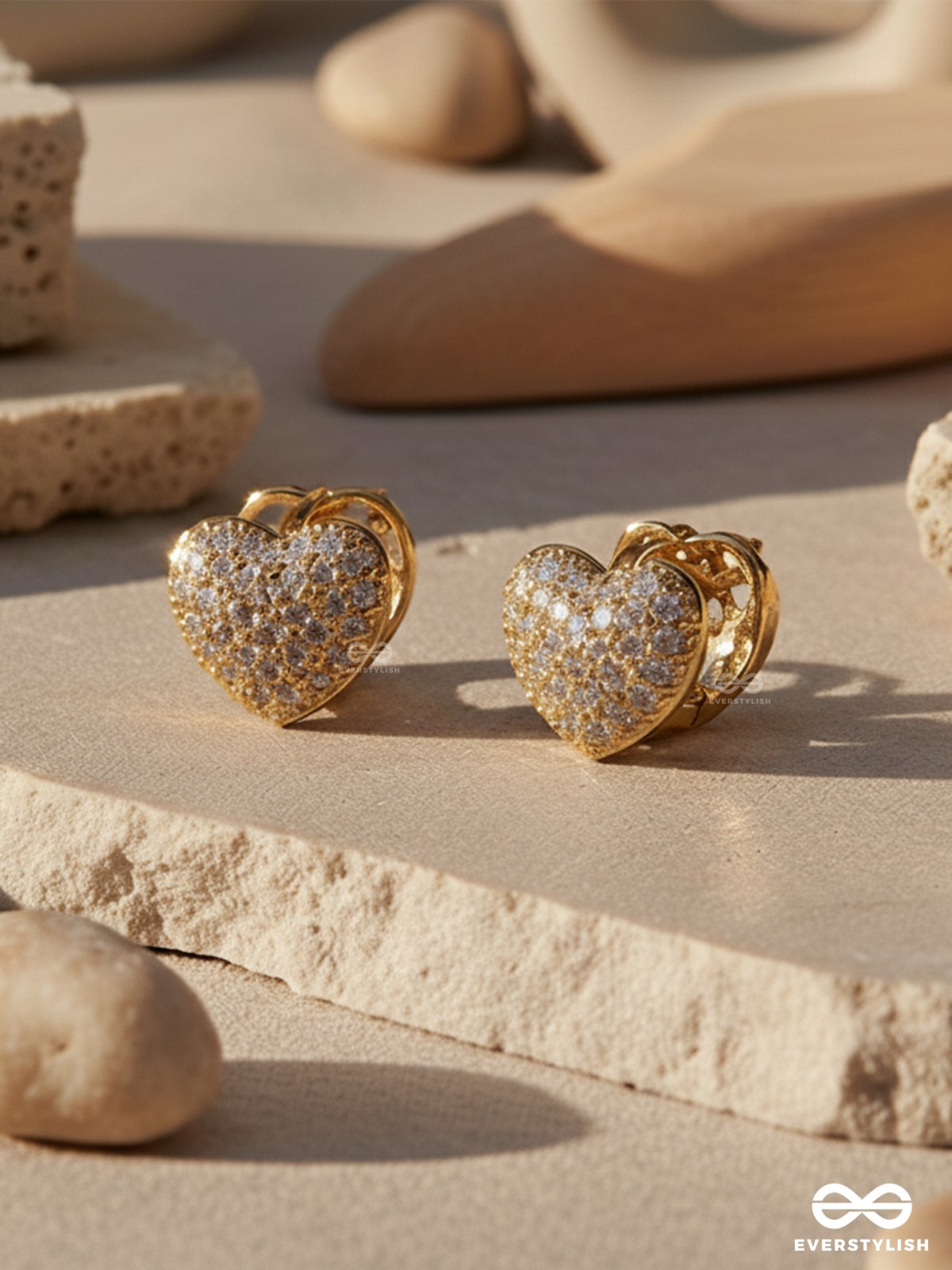 LUSTROUS LOVE - 18K GOLD PLATED ANTI-TARNISH STATEMENT HEART STUD EARRINGS INLAID WITH CUBIC ZICRONIA STONES