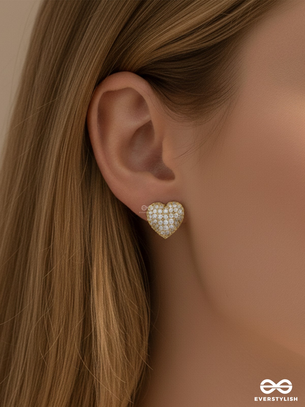 LUSTROUS LOVE - 18K GOLD PLATED ANTI-TARNISH STATEMENT HEART STUD EARRINGS INLAID WITH CUBIC ZICRONIA STONES