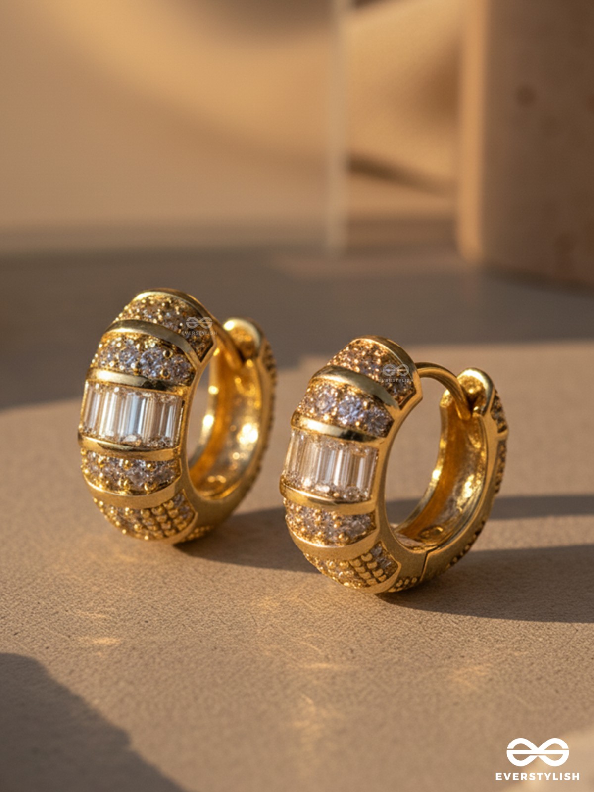 GLEAMING BAND - 18K GOLD PLATED ANTI-TARNISH CLASSY HOOPS EARRINGS INLAID WITH CUBIC ZICRONIA STONES