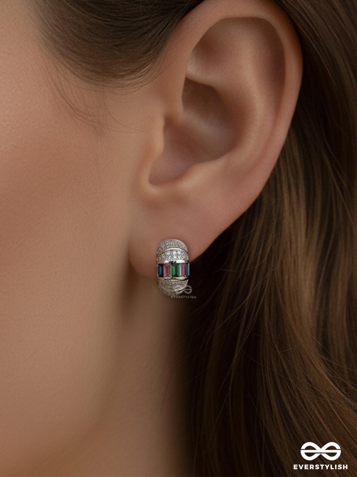 GLEAMING BAND - SILVER PLATED ANTI-TARNISH BOLD HOOPS EARRINGS INLAID WITH CUBIC ZICRONIA STONES