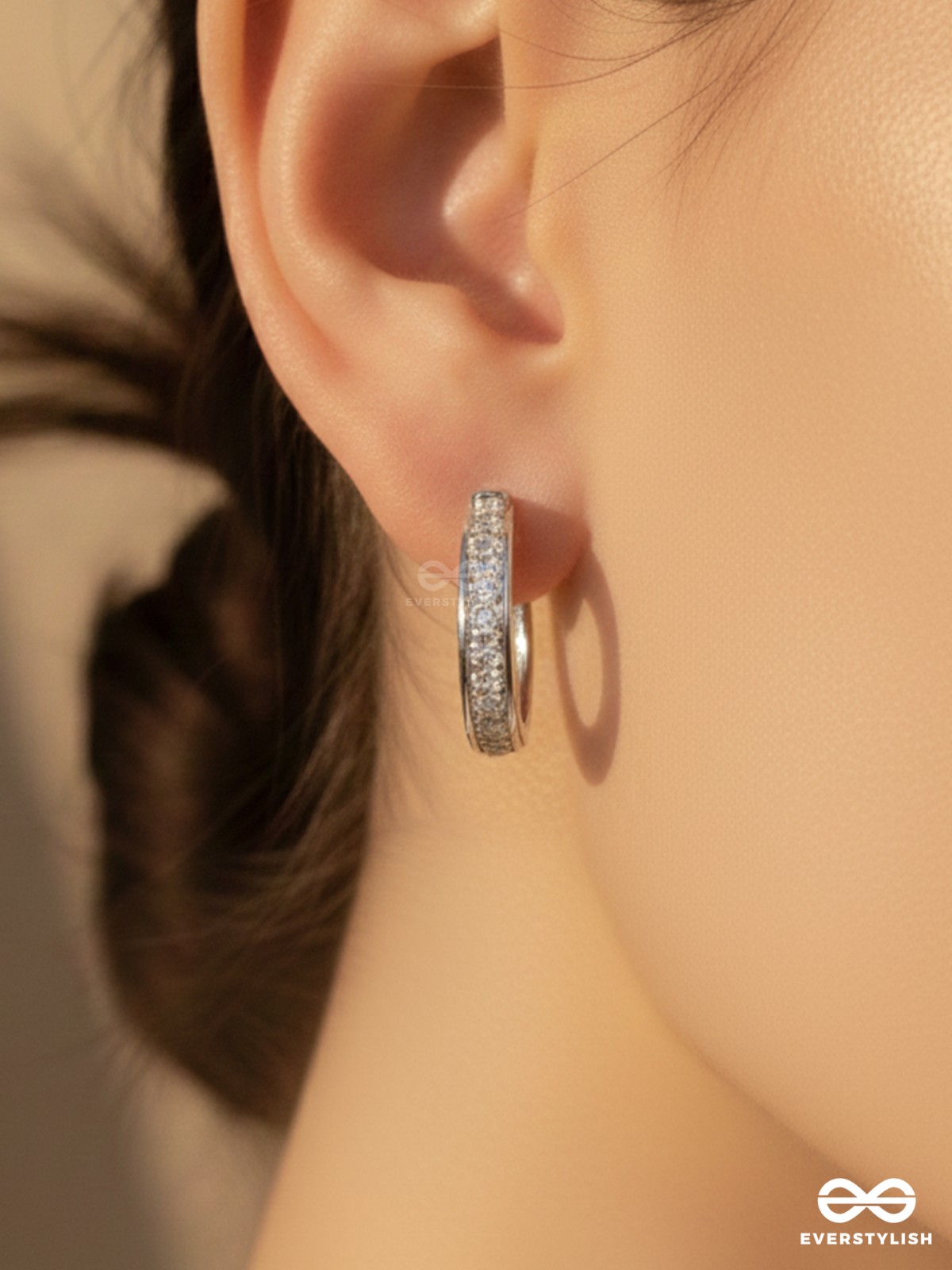SILVER ALLURE -  TEXTURED SILVER PLATED ANTI-TARNISH EARRINGS INLAID WITH CUBIC ZICRONIA STONES