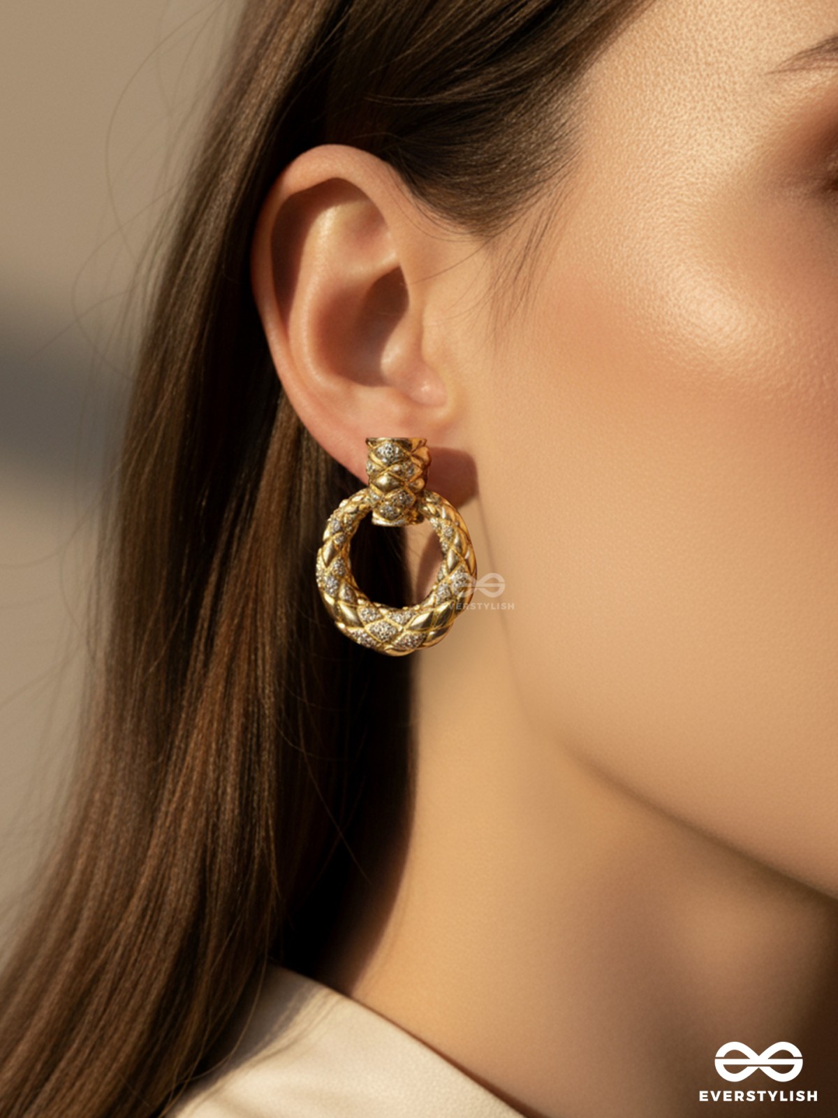 TWISTED GLOW- 18K GOLD PLATED ANTI-TARNISH GOLDEN TEXTURED LUXURY EARRINGS INLAID WITH CUBIC ZICRONIA STONES