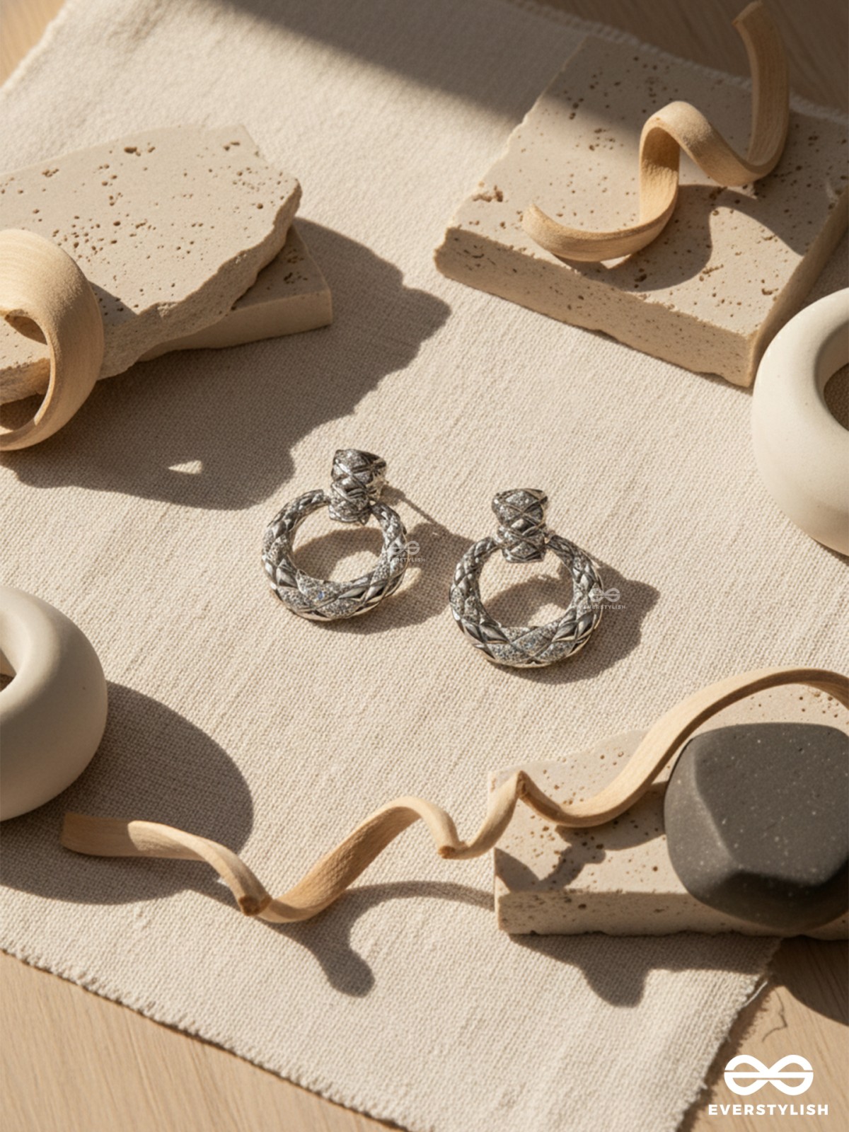 TWISTED GLOW- SILVER-PLATED ANTI-TARNISH EMBELLISHED ROUND EARRINGS