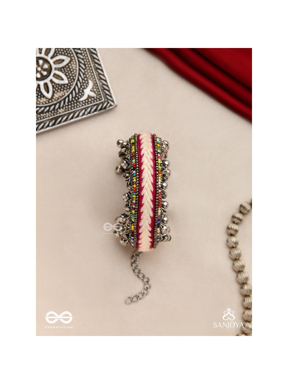 SHAKHAABANDHA- BRANCH BIND- OXIDIZED HAND EMBROIDERED BRACELET, THREAD WORK ACCENTED WITH GHUNGROO AND BEADS