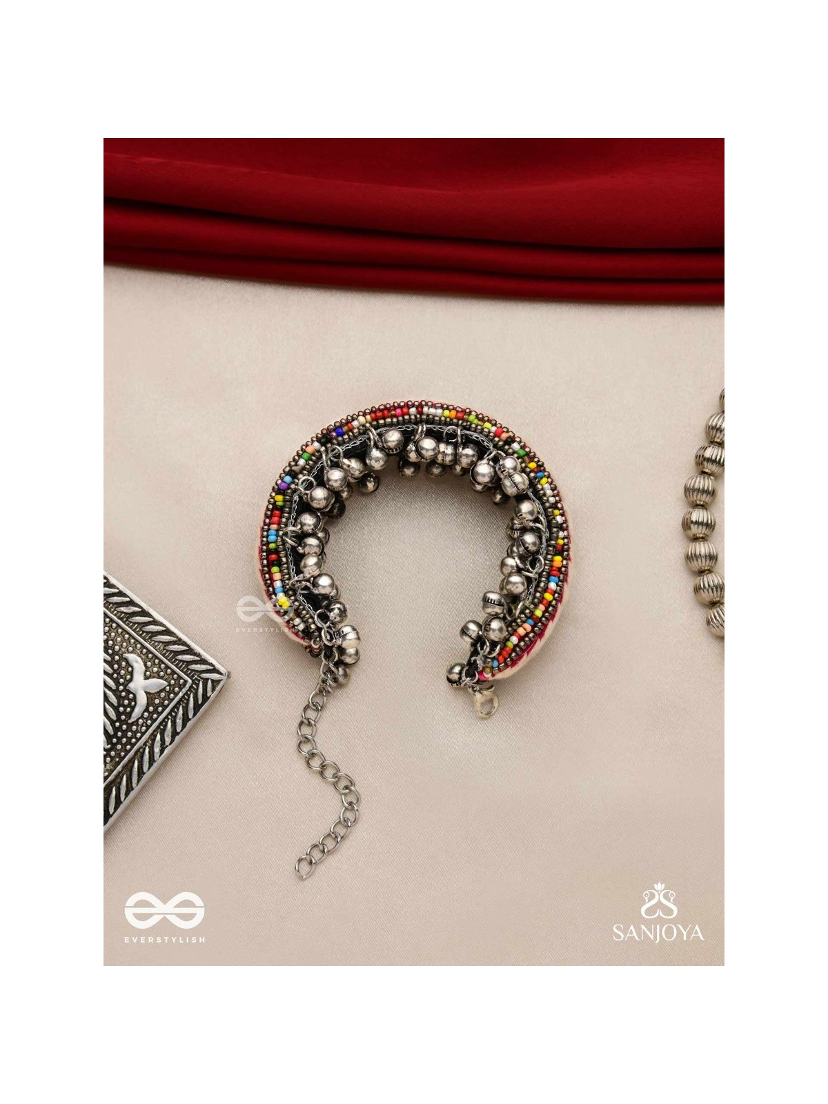 SHAKHAABANDHA- BRANCH BIND- OXIDIZED HAND EMBROIDERED BRACELET, THREAD WORK ACCENTED WITH GHUNGROO AND BEADS