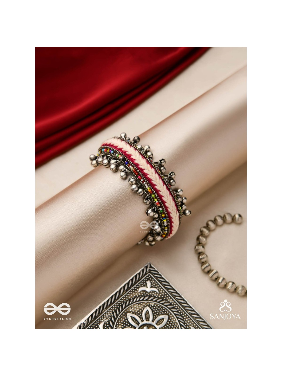 SHAKHAABANDHA- BRANCH BIND- OXIDIZED HAND EMBROIDERED BRACELET, THREAD WORK ACCENTED WITH GHUNGROO AND BEADS