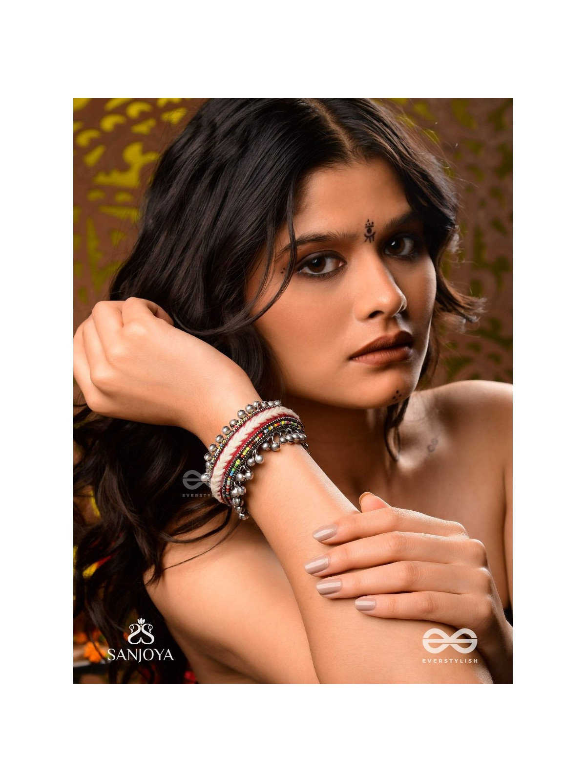 SHAKHAABANDHA- BRANCH BIND- OXIDIZED HAND EMBROIDERED BRACELET, THREAD WORK ACCENTED WITH GHUNGROO AND BEADS