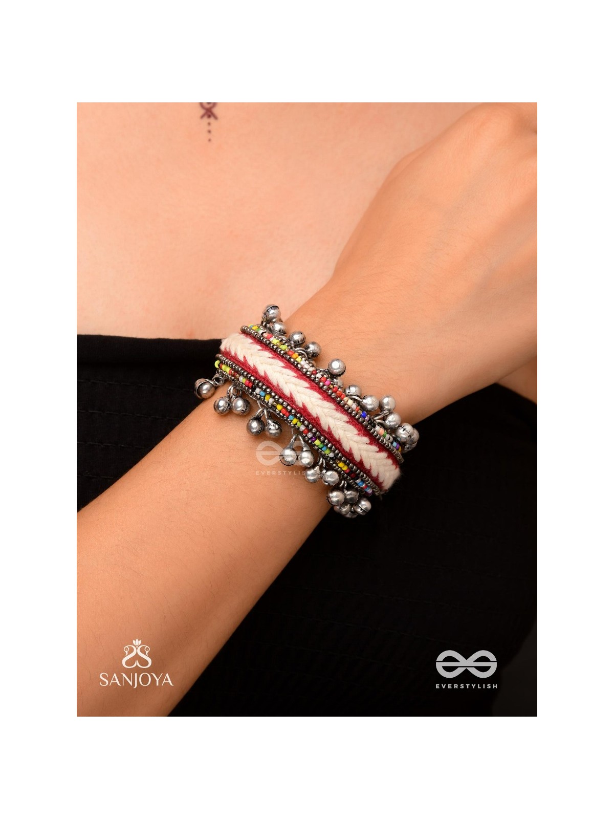 SHAKHAABANDHA- BRANCH BIND- OXIDIZED HAND EMBROIDERED BRACELET, THREAD WORK ACCENTED WITH GHUNGROO AND BEADS