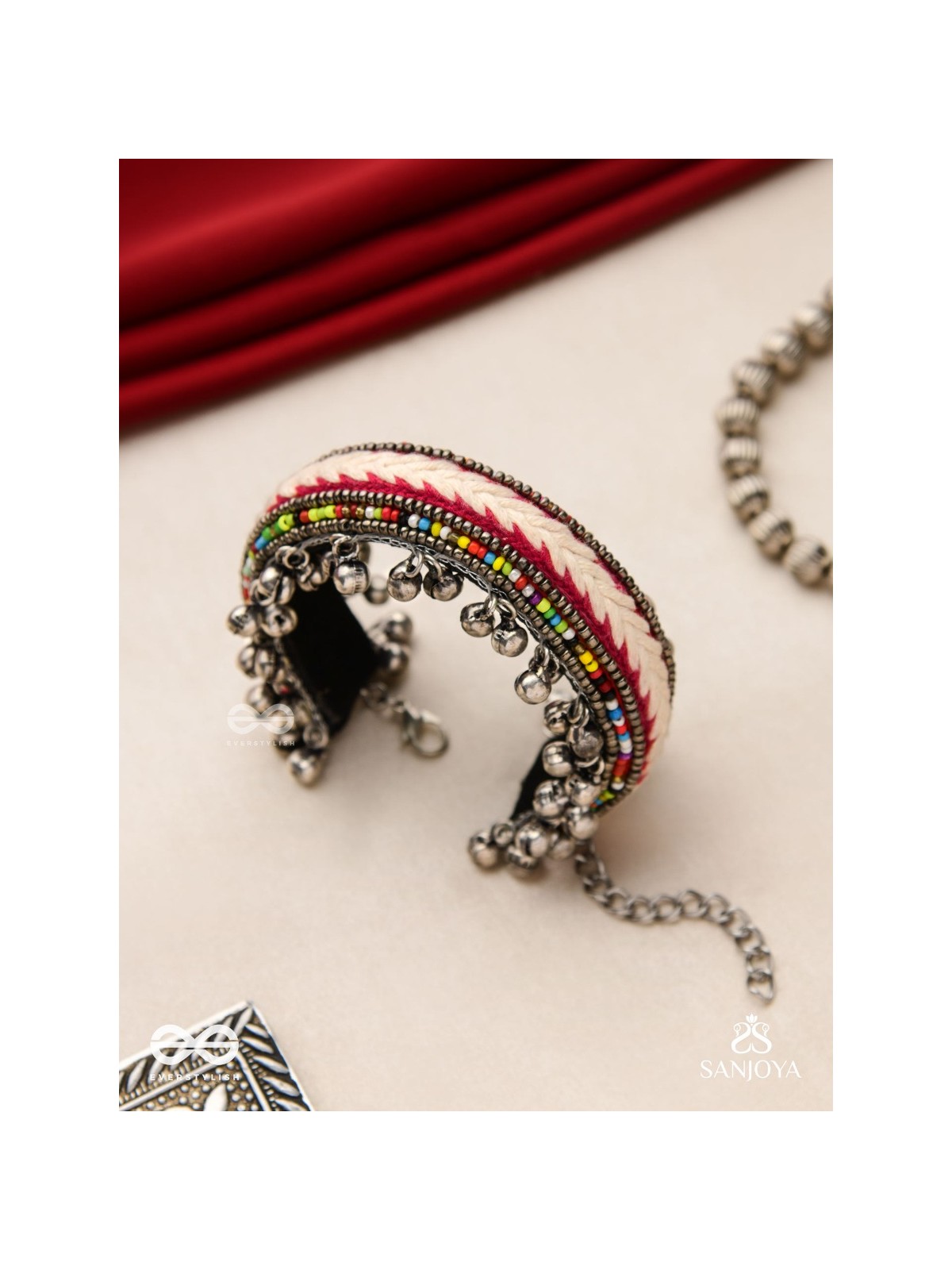 SHAKHAABANDHA- BRANCH BIND- OXIDIZED HAND EMBROIDERED BRACELET, THREAD WORK ACCENTED WITH GHUNGROO AND BEADS