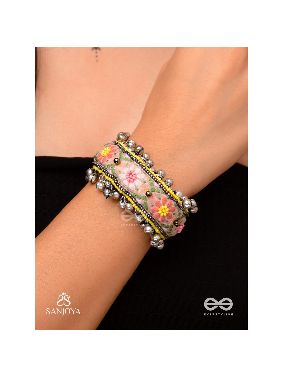 SUMANALEKHA-FLORAL PATTERN- SEMI-OXIDIZED BRACELET FEATURES GHUNGROO, BEADS, AND EMBROIDERED FLOWERS
