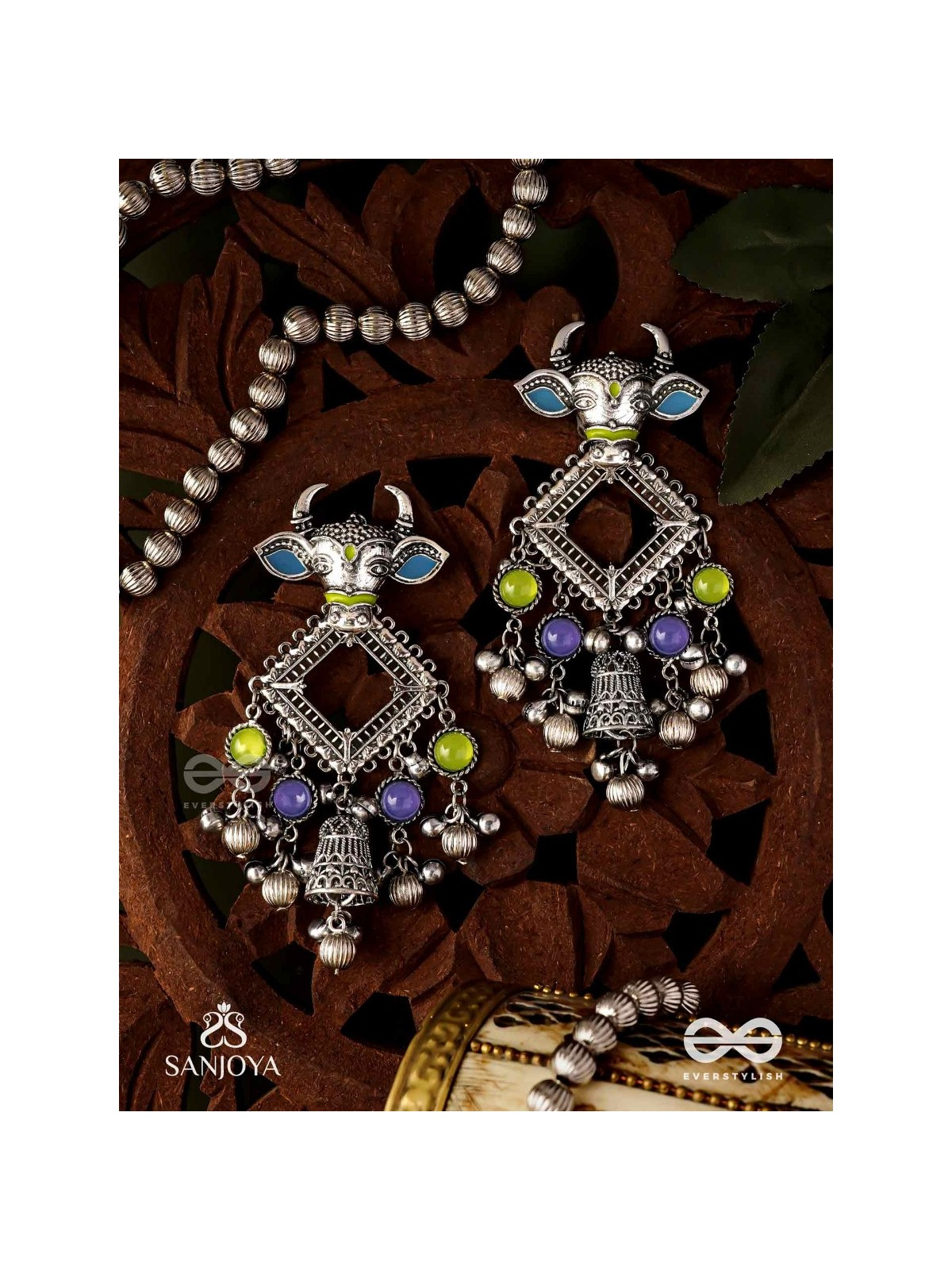 NANDI MANIKARNA- NANDI STONE EARRINGS-OXIDIZED EARRINGS FEATURING A BULL FACE, ADORNED WITH STONES AND GHUNGHROOS