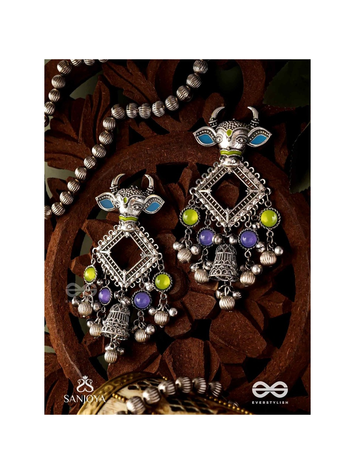 NANDI MANIKARNA- NANDI STONE EARRINGS-OXIDIZED EARRINGS FEATURING A BULL FACE, ADORNED WITH STONES AND GHUNGHROOS