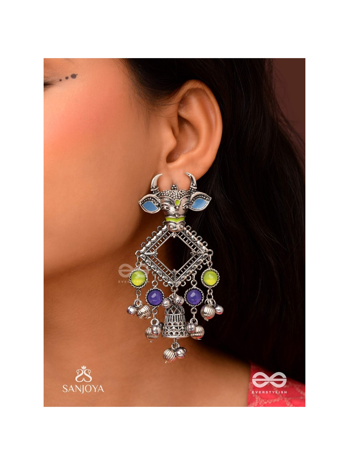 NANDI MANIKARNA- NANDI STONE EARRINGS-OXIDIZED EARRINGS FEATURING A BULL FACE, ADORNED WITH STONES AND GHUNGHROOS