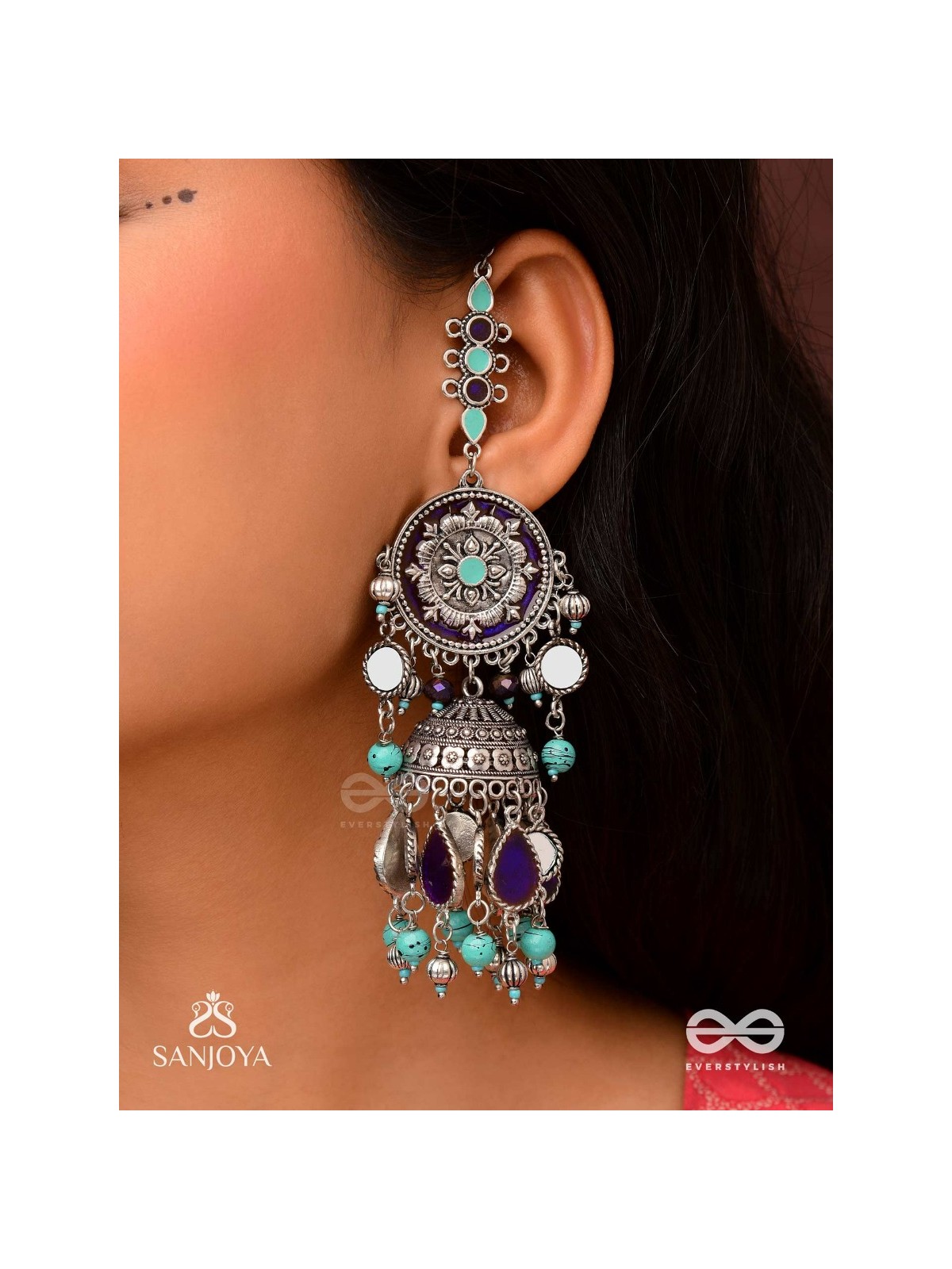 RATNA TILAKA-JEWEL ADORNMENT- EARRINGS ENAMELLED IN SHADES OF BLUE AND BLACK, ACCENTED WITH GHUNGROO BEADS AND OXIDIZED JHUMKI