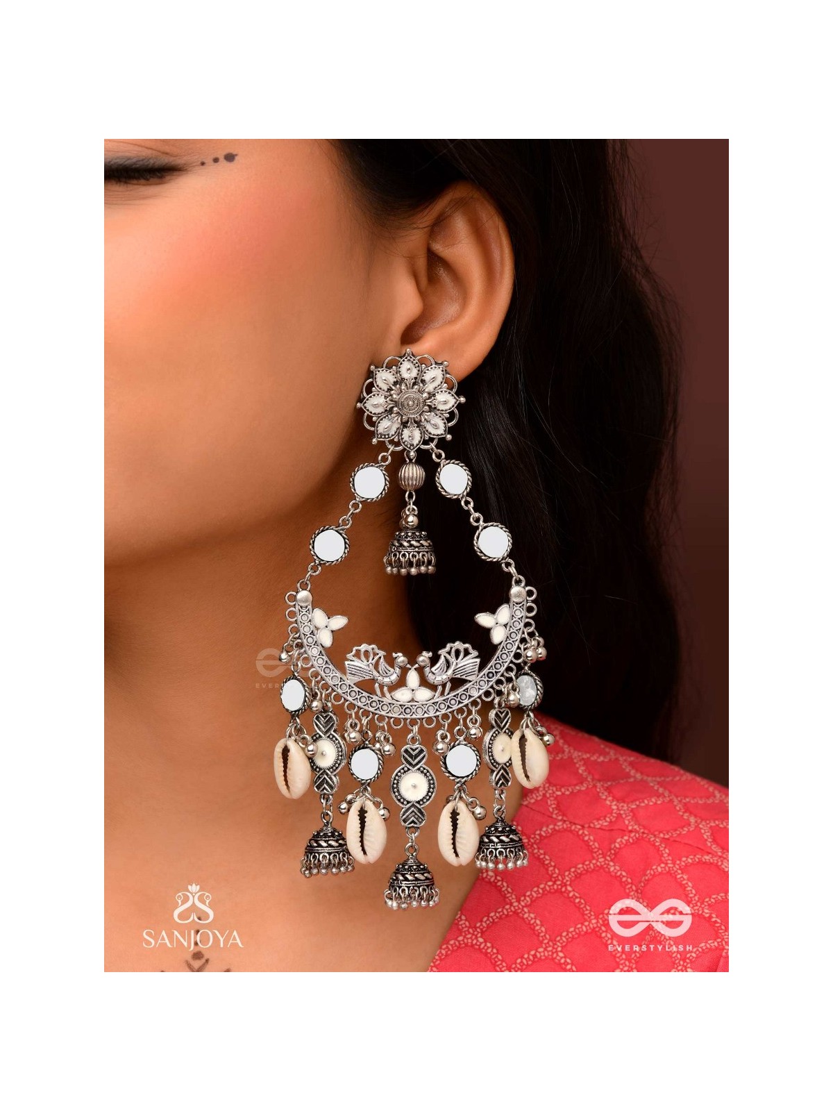 CHANDRAMAYURA- MOON-PEACOCK EARRINGS- OXIDIZED CHAANDBAALI EARRINGS, ADORNED WITH MIRRORS, GHUNGHROOS, COWRIE SHELLS, AND DANGLING JHUMKA