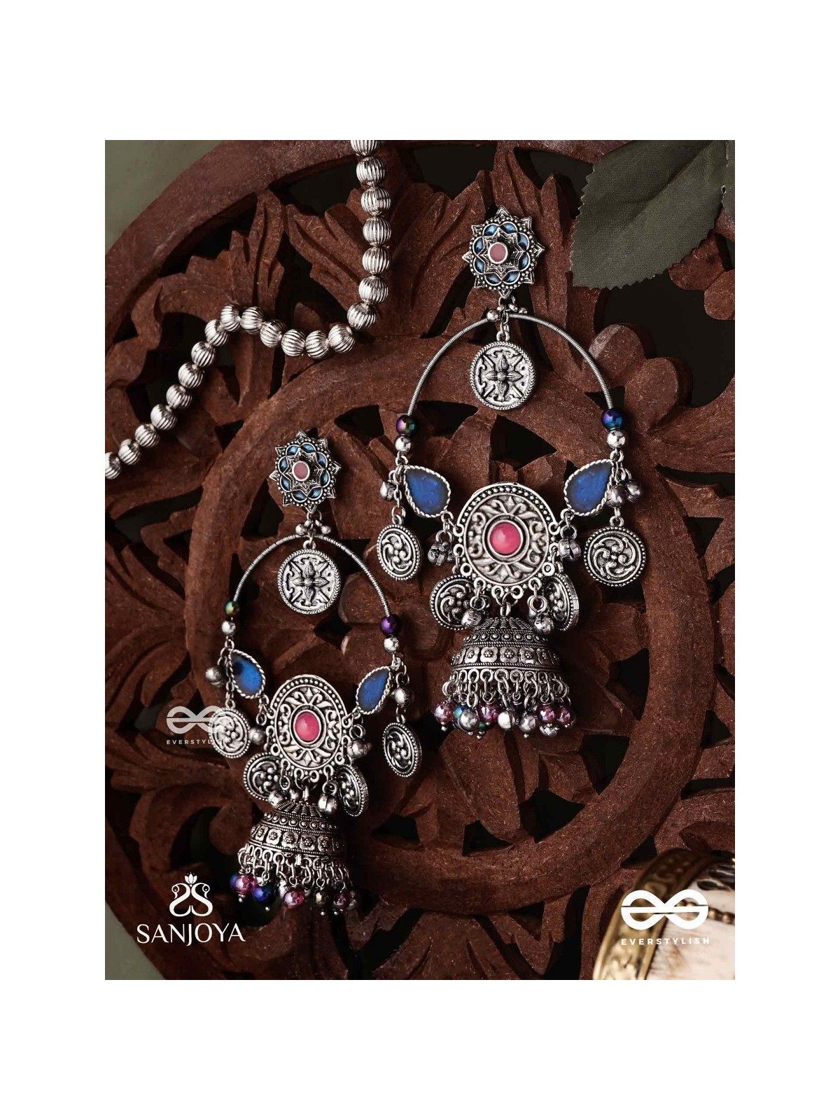 SHUBHRAVILASA- RADIANT GRACE- SILVER TONED EARRINGS, CIRCULAR MOTIFS ADORNED WITH GHUNGROOS AND JHUMKA