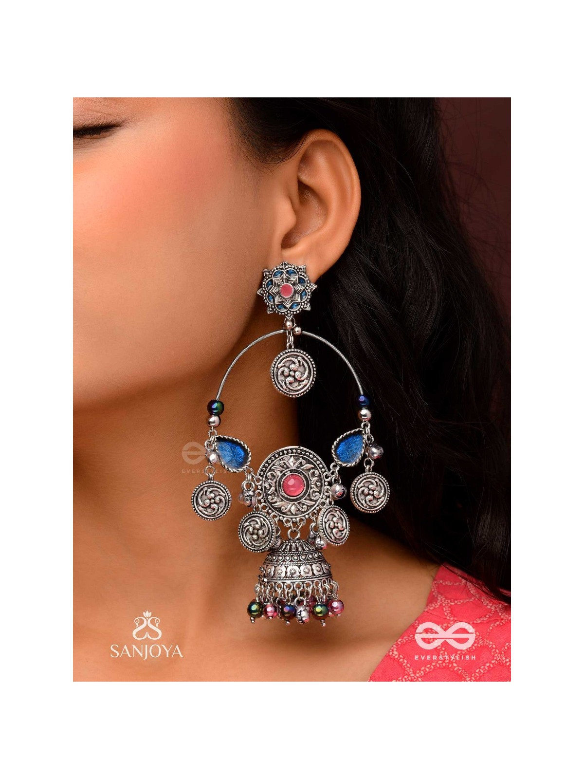 SHUBHRAVILASA- RADIANT GRACE- SILVER TONED EARRINGS, CIRCULAR MOTIFS ADORNED WITH GHUNGROOS AND JHUMKA