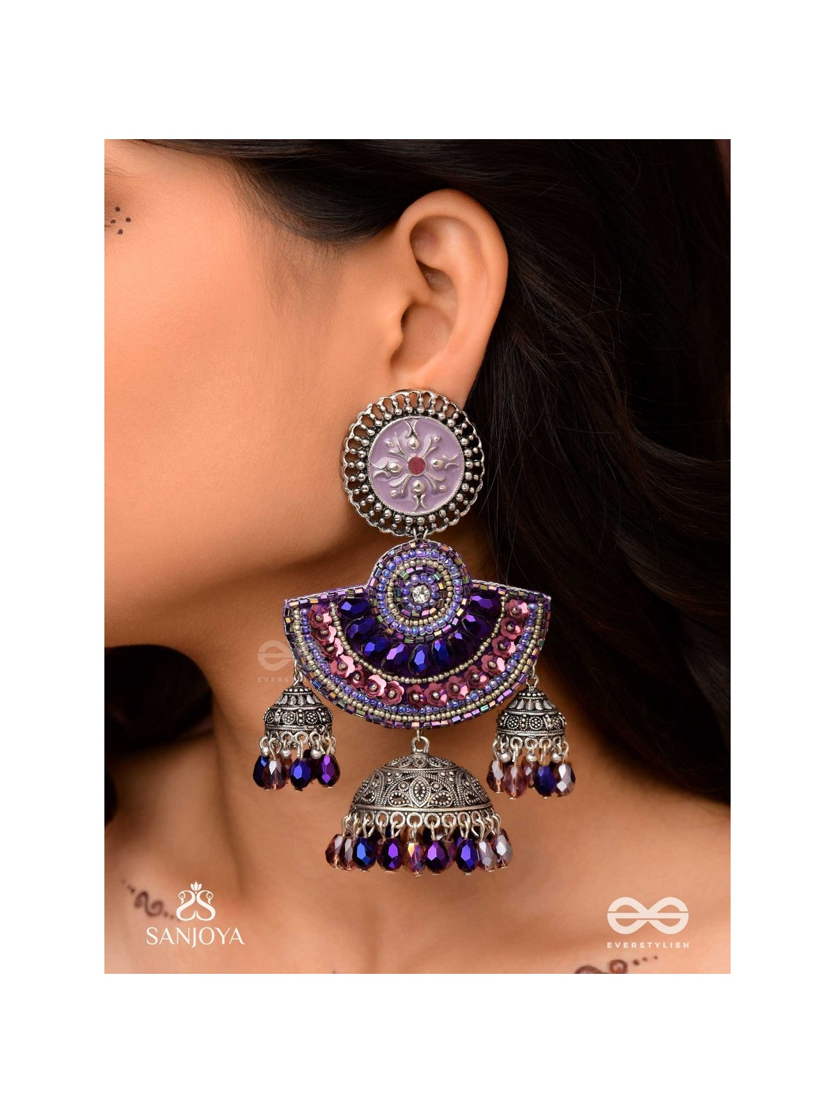 NEELASHREE- BLUE BEAUTY-HAND EMBROIDERED EARRINGS EMBELLISHED WITH GLASS BEADS AND CUTDANA WORK