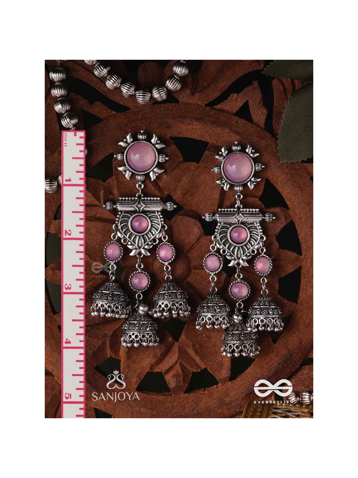 VIJAYAMUKTA-VICTORY PEARLS- REGAL OXIDIZED EARRINGS WITH A CENTRAL PURPLE STONE AND LAYERED JHUMKAS