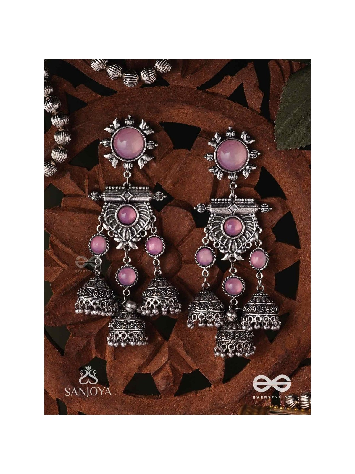 VIJAYAMUKTA-VICTORY PEARLS- REGAL OXIDIZED EARRINGS WITH A CENTRAL PURPLE STONE AND LAYERED JHUMKAS