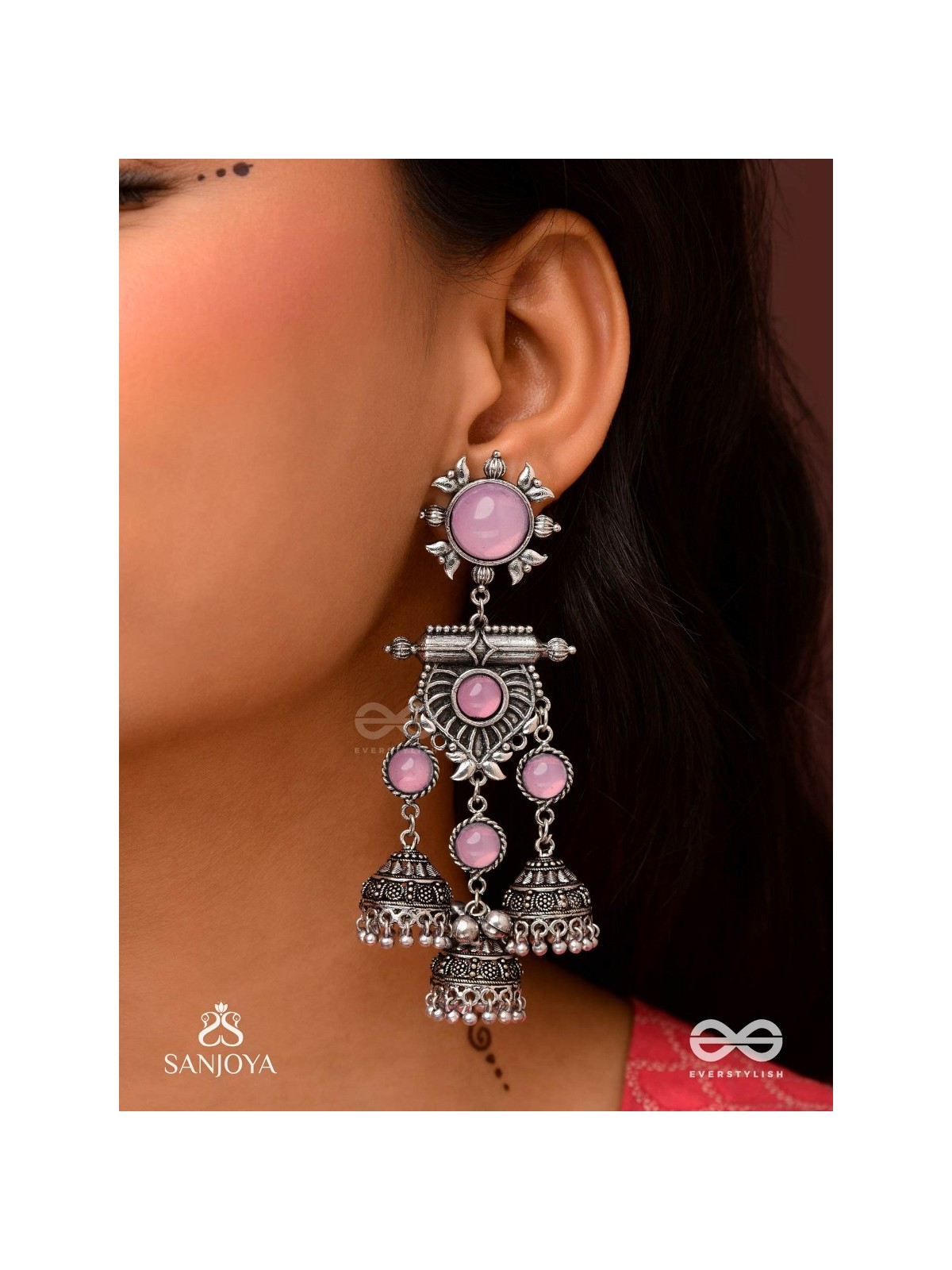 VIJAYAMUKTA-VICTORY PEARLS- REGAL OXIDIZED EARRINGS WITH A CENTRAL PURPLE STONE AND LAYERED JHUMKAS