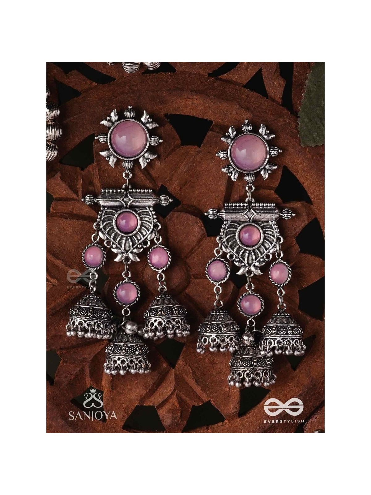 VIJAYAMUKTA-VICTORY PEARLS- REGAL OXIDIZED EARRINGS WITH A CENTRAL PURPLE STONE AND LAYERED JHUMKAS