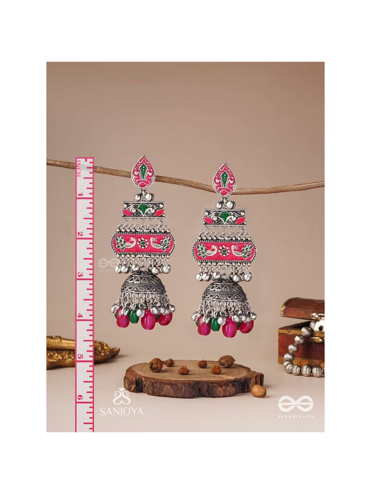 VAJRASHRINGARA-DIAMOND ADORNMENT-ENAMELLED OXIDISED MOTIFS SET ON SILVER METALWORK, EMBELLISHED WITH GLOSSY BEADS AND JHUMKAS