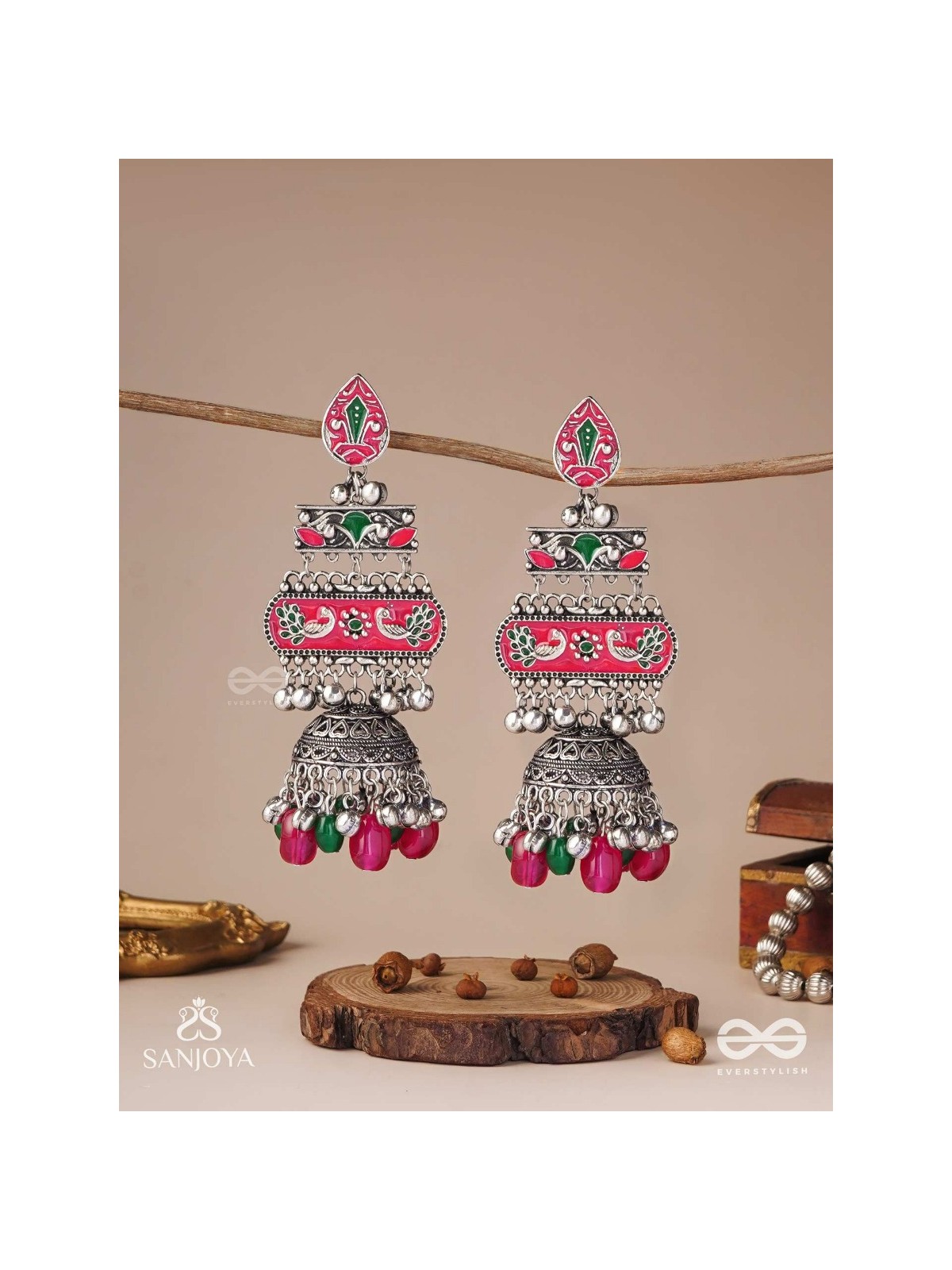 VAJRASHRINGARA-DIAMOND ADORNMENT-ENAMELLED OXIDISED MOTIFS SET ON SILVER METALWORK, EMBELLISHED WITH GLOSSY BEADS AND JHUMKAS