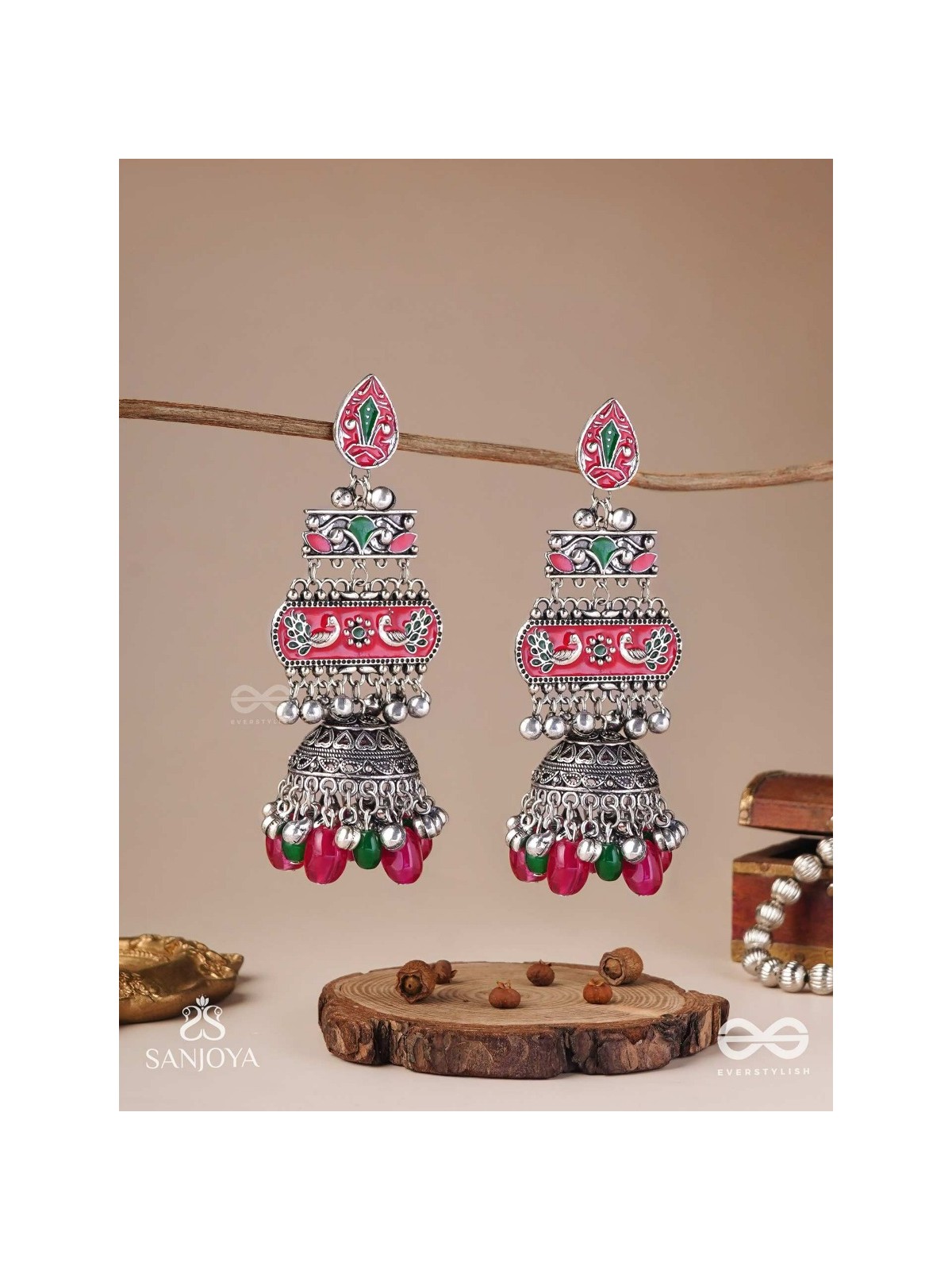 VAJRASHRINGARA-DIAMOND ADORNMENT-ENAMELLED OXIDISED MOTIFS SET ON SILVER METALWORK, EMBELLISHED WITH GLOSSY BEADS AND JHUMKAS
