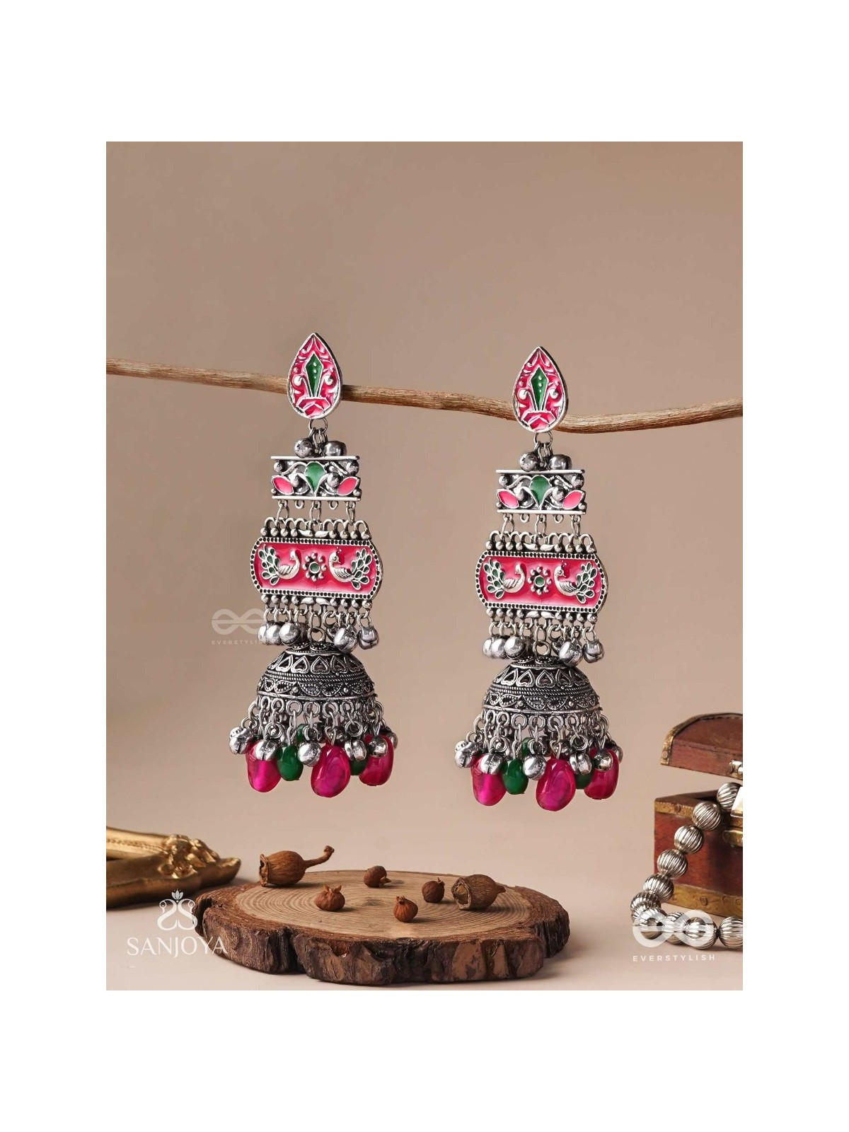 VAJRASHRINGARA-DIAMOND ADORNMENT-ENAMELLED OXIDISED MOTIFS SET ON SILVER METALWORK, EMBELLISHED WITH GLOSSY BEADS AND JHUMKAS