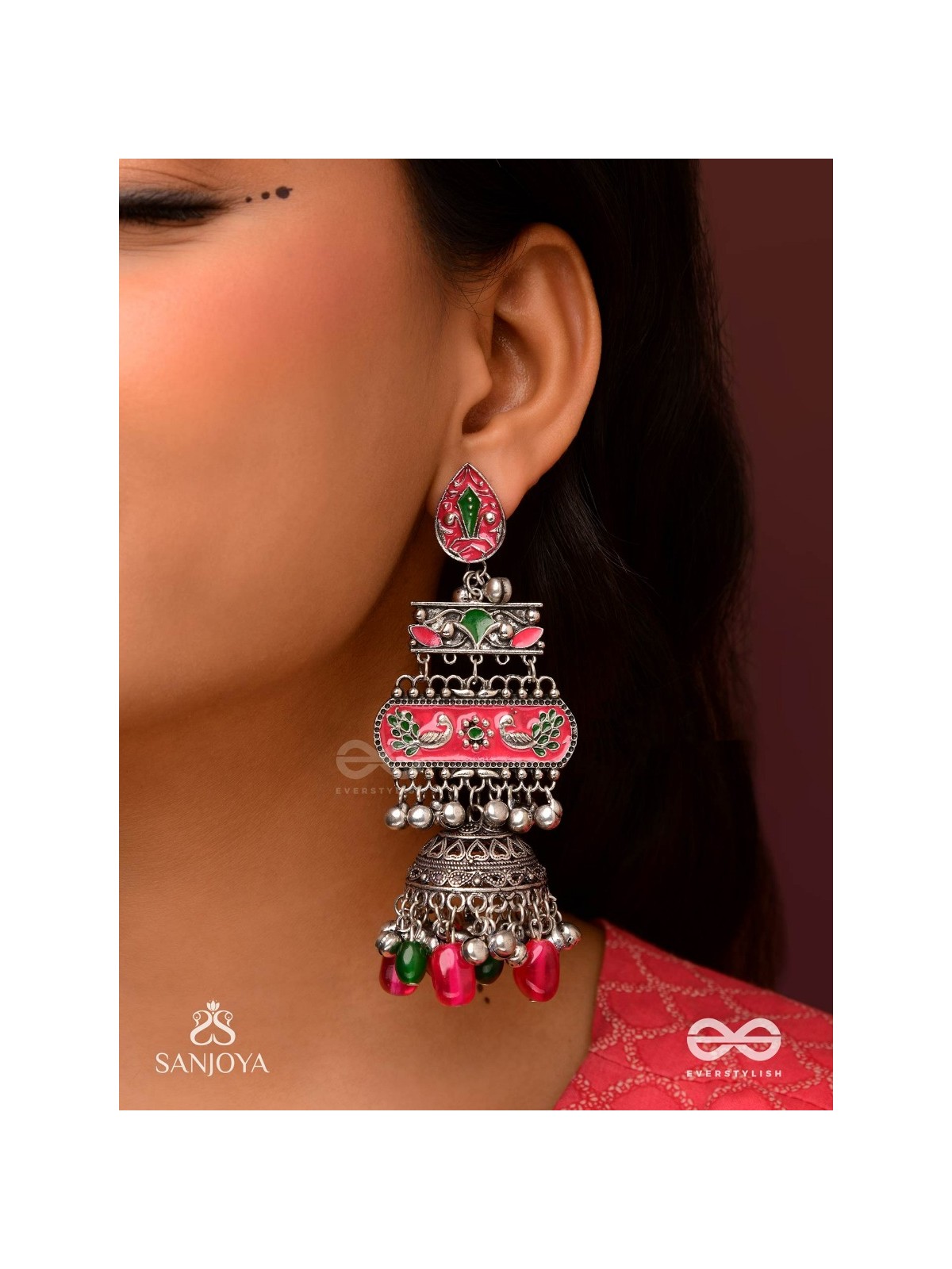 VAJRASHRINGARA-DIAMOND ADORNMENT-ENAMELLED OXIDISED MOTIFS SET ON SILVER METALWORK, EMBELLISHED WITH GLOSSY BEADS AND JHUMKAS