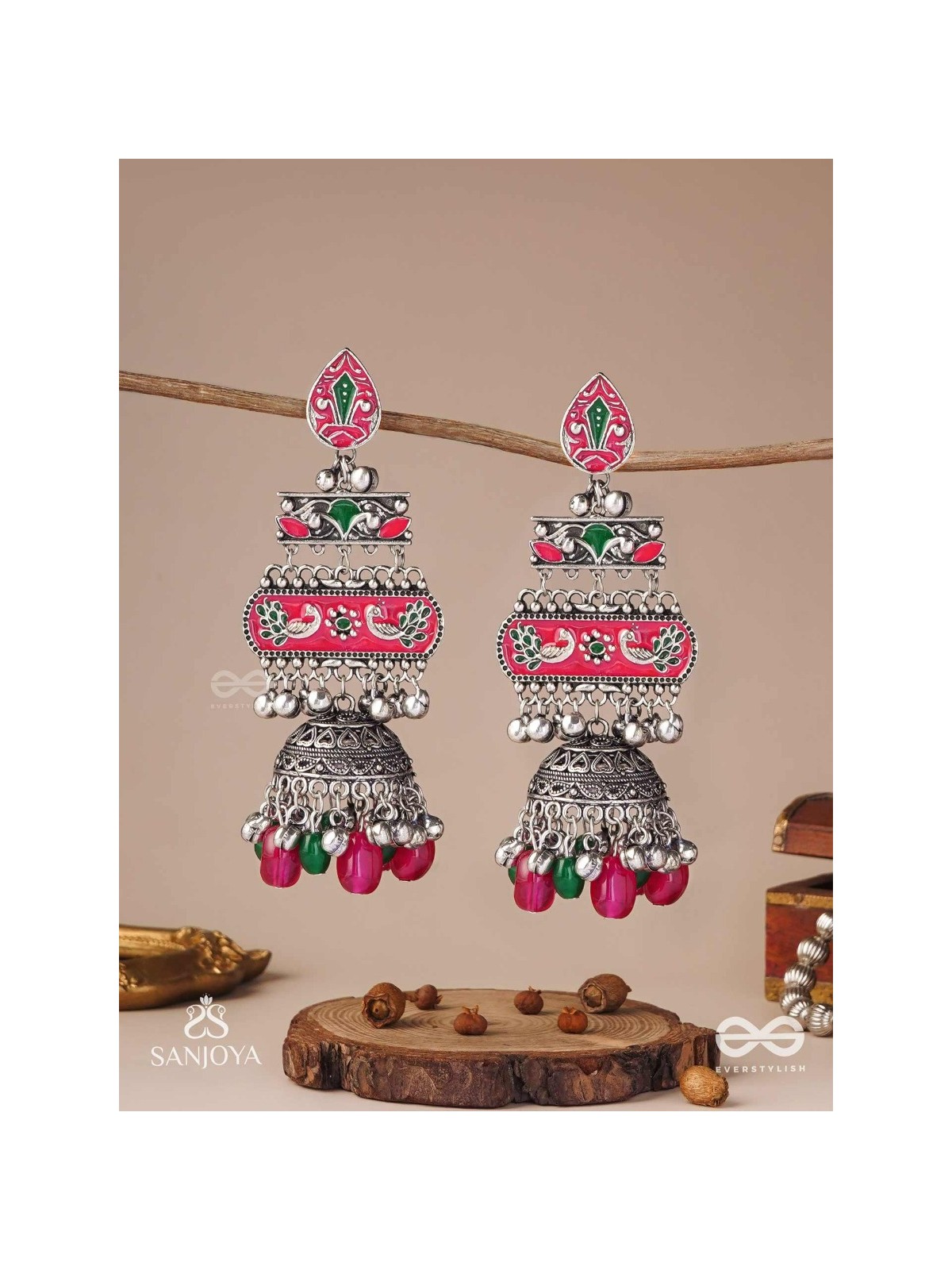 VAJRASHRINGARA-DIAMOND ADORNMENT-ENAMELLED OXIDISED MOTIFS SET ON SILVER METALWORK, EMBELLISHED WITH GLOSSY BEADS AND JHUMKAS
