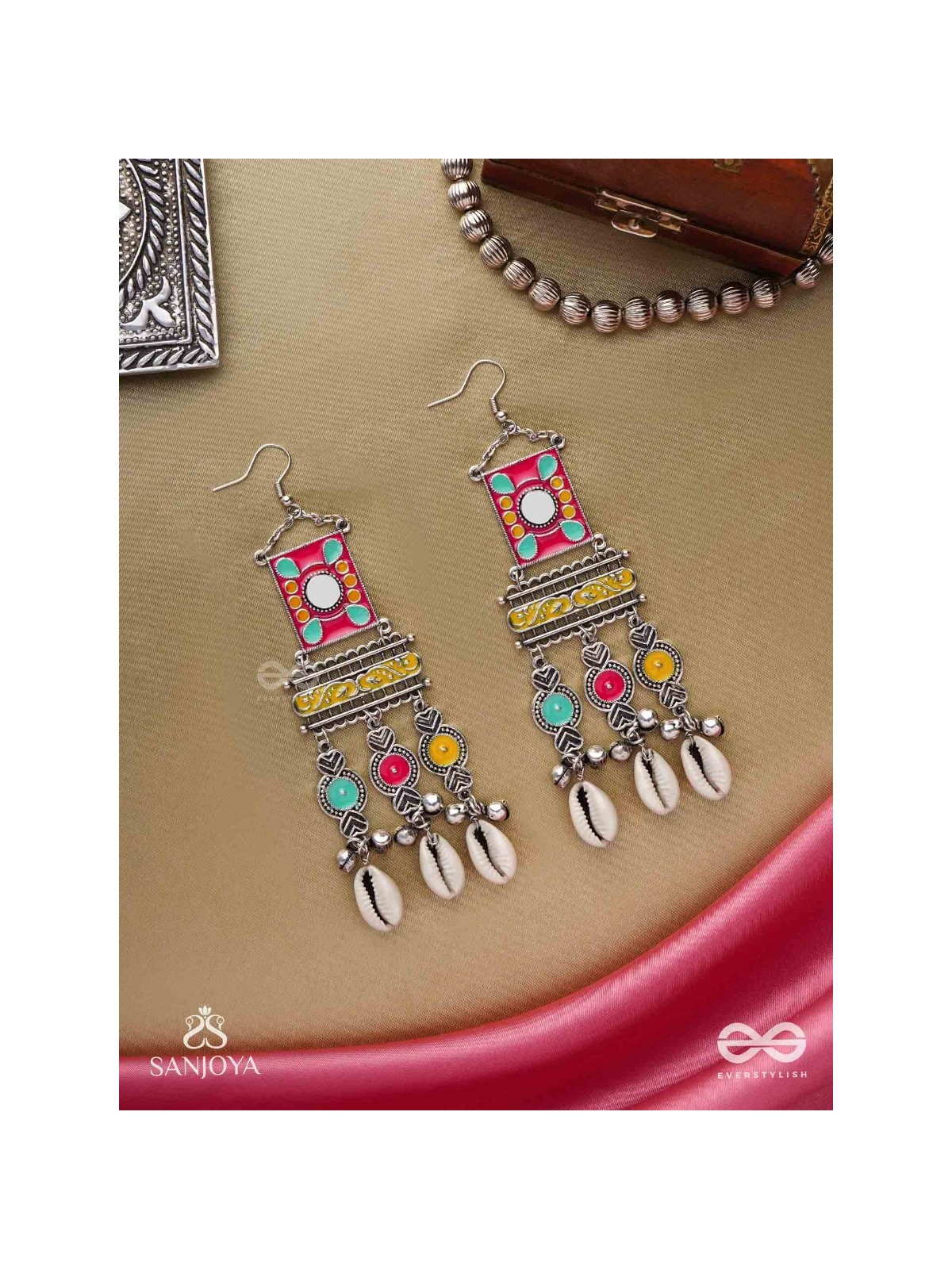 SINGHASANAMUKTA- THRONE GEM- OXIDIZED ENAMELLED EARRINGS IN MULTICOLOUR MOTIFS WITH GHUNGHROO'S AND COWRIE SHELLS