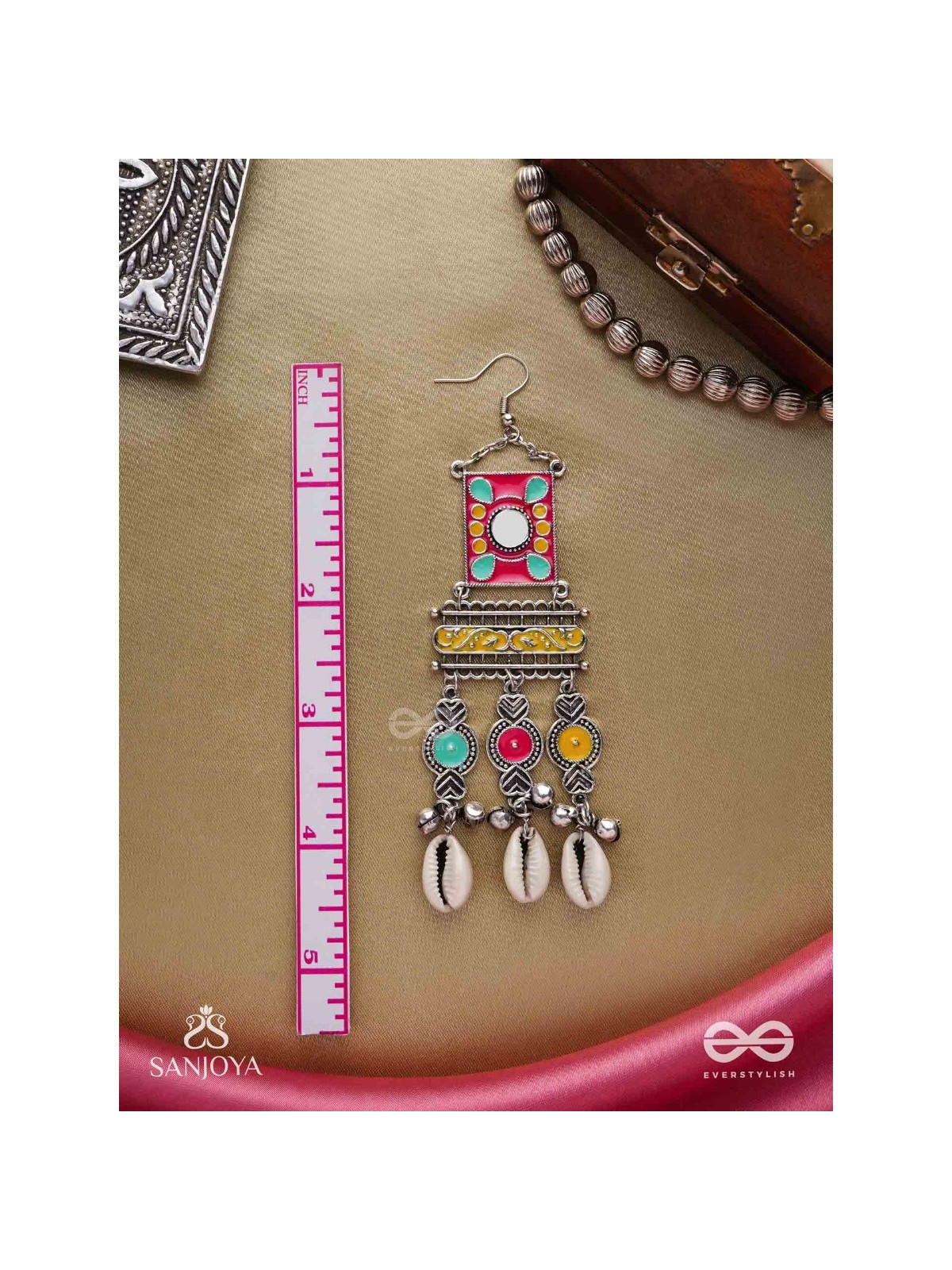 SINGHASANAMUKTA- THRONE GEM- OXIDIZED ENAMELLED EARRINGS IN MULTICOLOUR MOTIFS WITH GHUNGHROO'S AND COWRIE SHELLS
