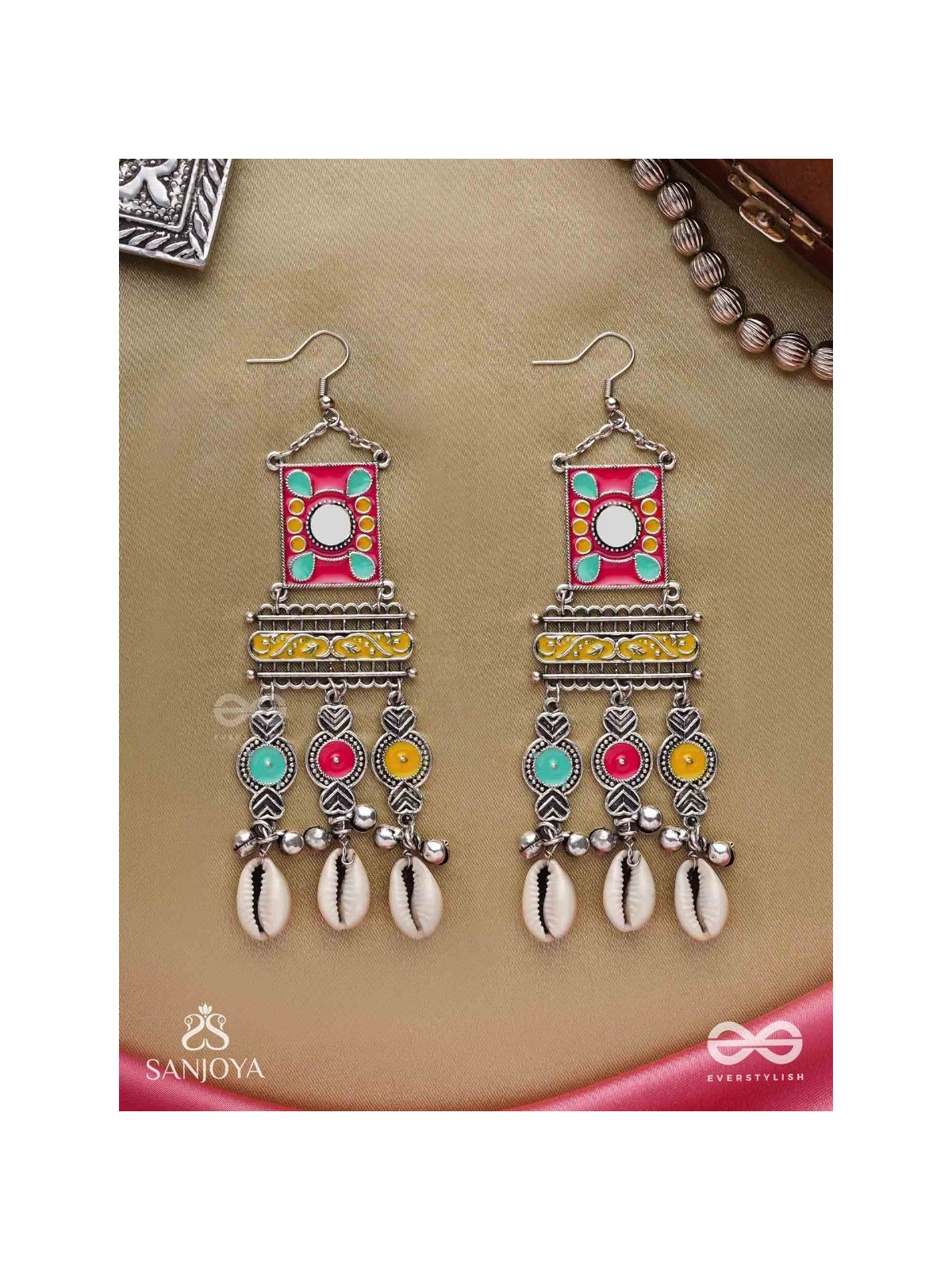 SINGHASANAMUKTA- THRONE GEM- OXIDIZED ENAMELLED EARRINGS IN MULTICOLOUR MOTIFS WITH GHUNGHROO'S AND COWRIE SHELLS