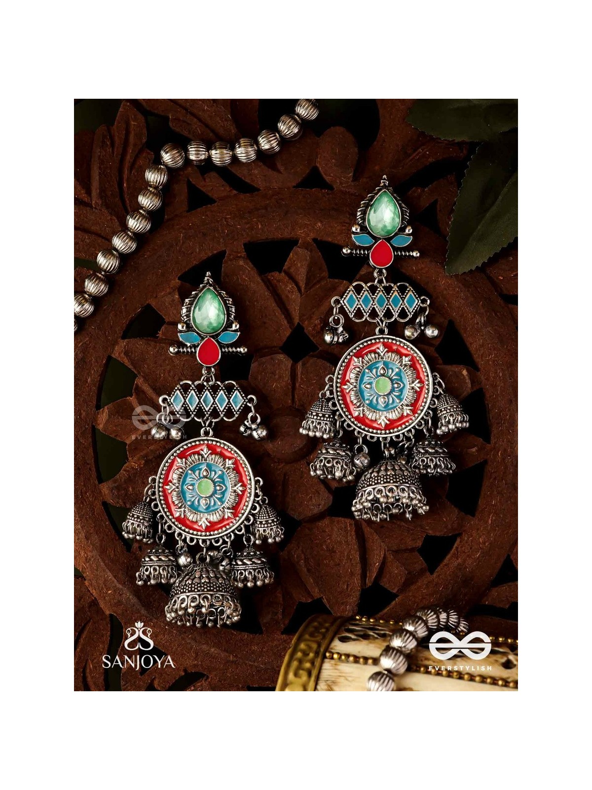  ADITYARATNA-SUN GEM- RADIANT EARRINGS WITH DETAILED METALWORK SET IN PASTEL TONE FEATURING STONE AND JHUMKAS